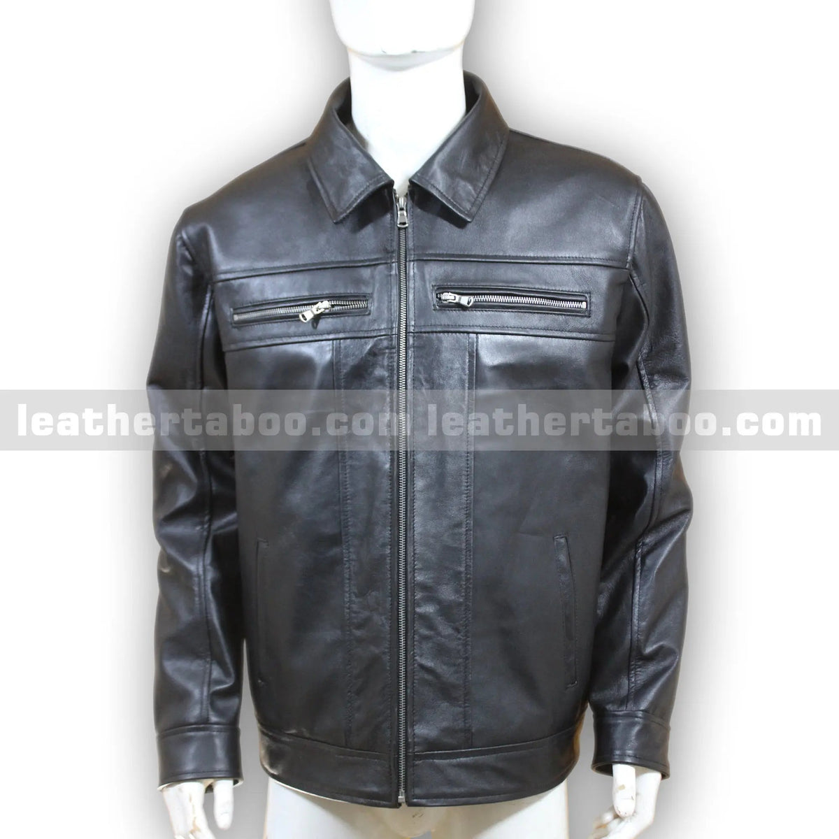 Men's Black Cowhide Leather Zip-Up Jacket with Chest Pockets - leather taboo