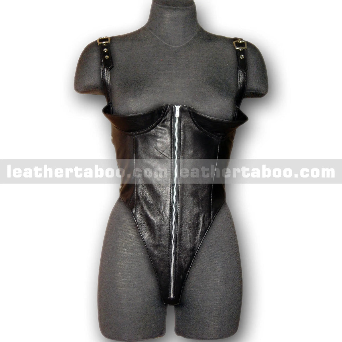 Women's Black Sheepskin Leather Bodysuit with Zipper Front and Adjustable Straps - leather taboo