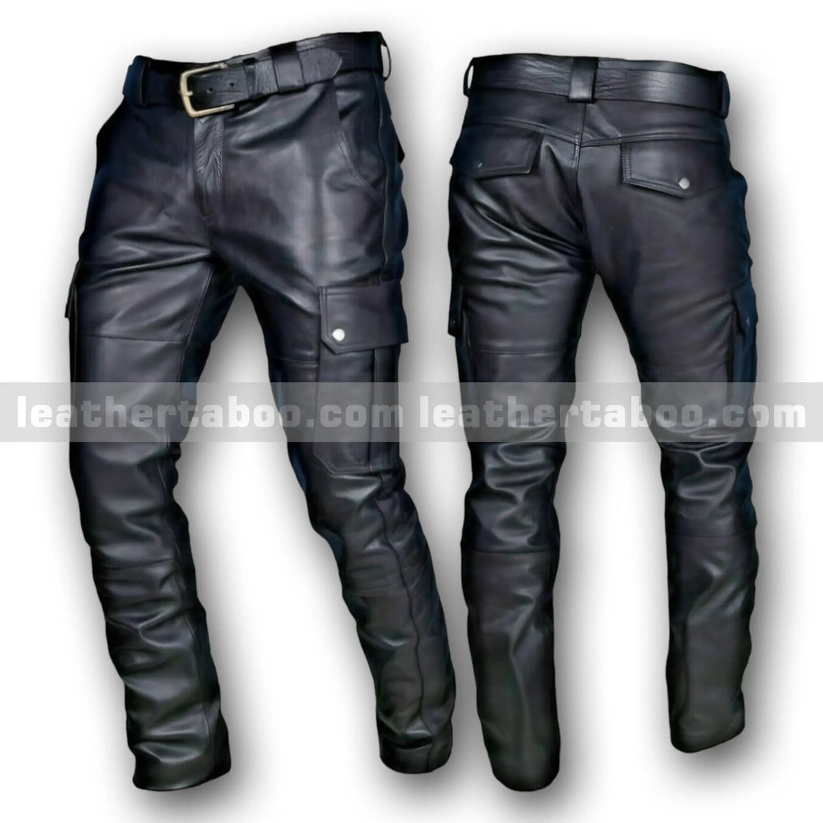 Men’s Black Cowhide Leather Pants with Cargo Pockets, Slim Fit Biker Style Trousers with Belt, Real Leather Streetwear - leather taboo