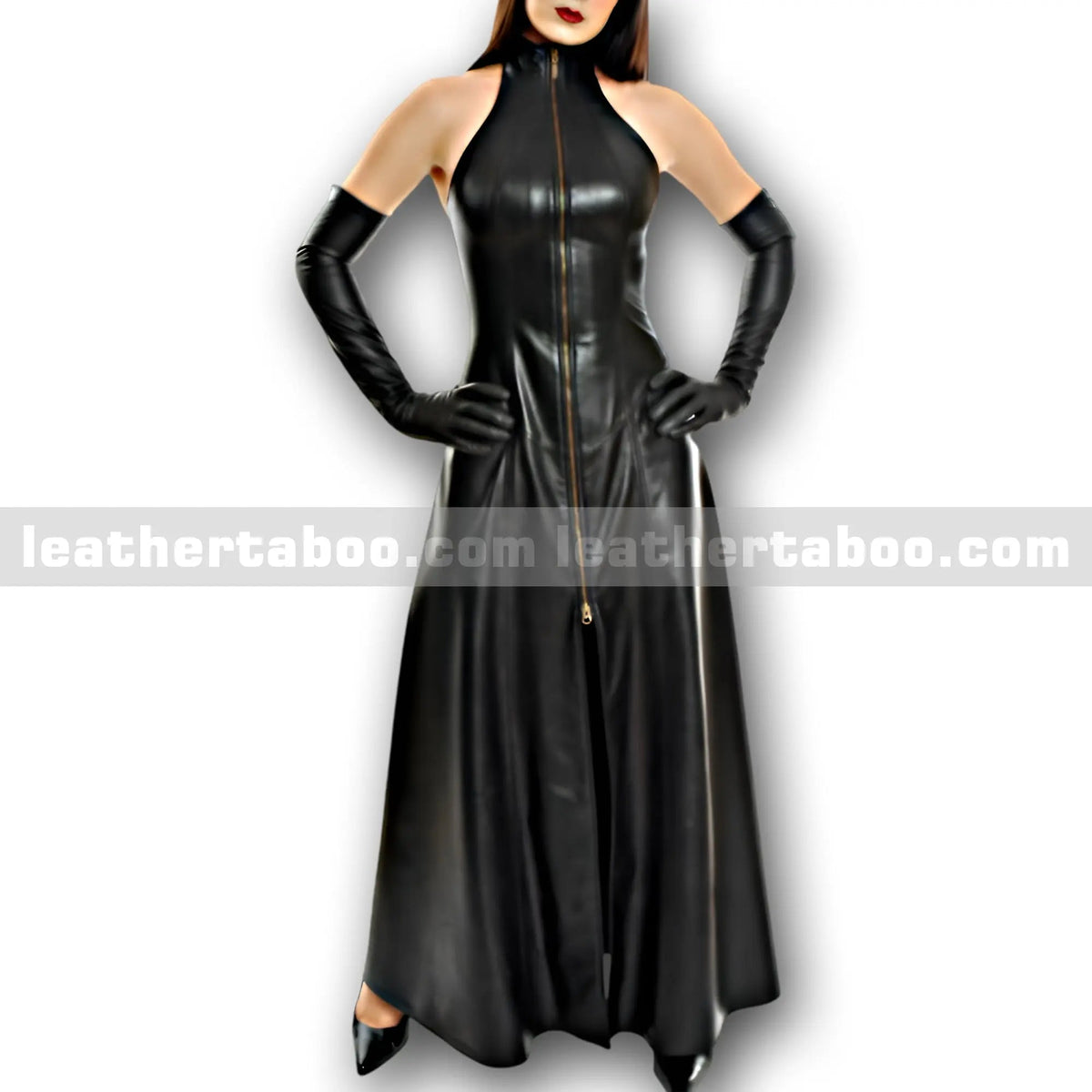 Women's Black Leather Dress | Full Length Zipper Gown in Sheepskin | High Neck Sleeveless Long Coat Style | Formal Event Wear (without gloves) - leather taboo
