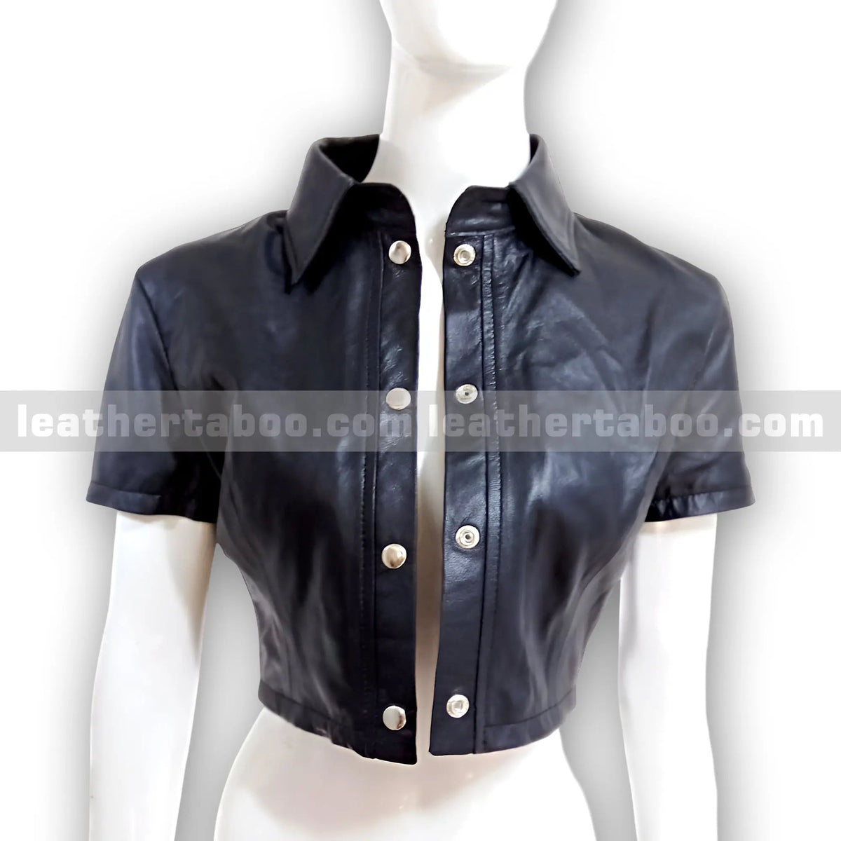 Women's Black Leather Cropped Shirt | Short Sleeve Button Up Sheepskin Top | Collared Leather Blouse for Casual & Streetwear Look - leather taboo