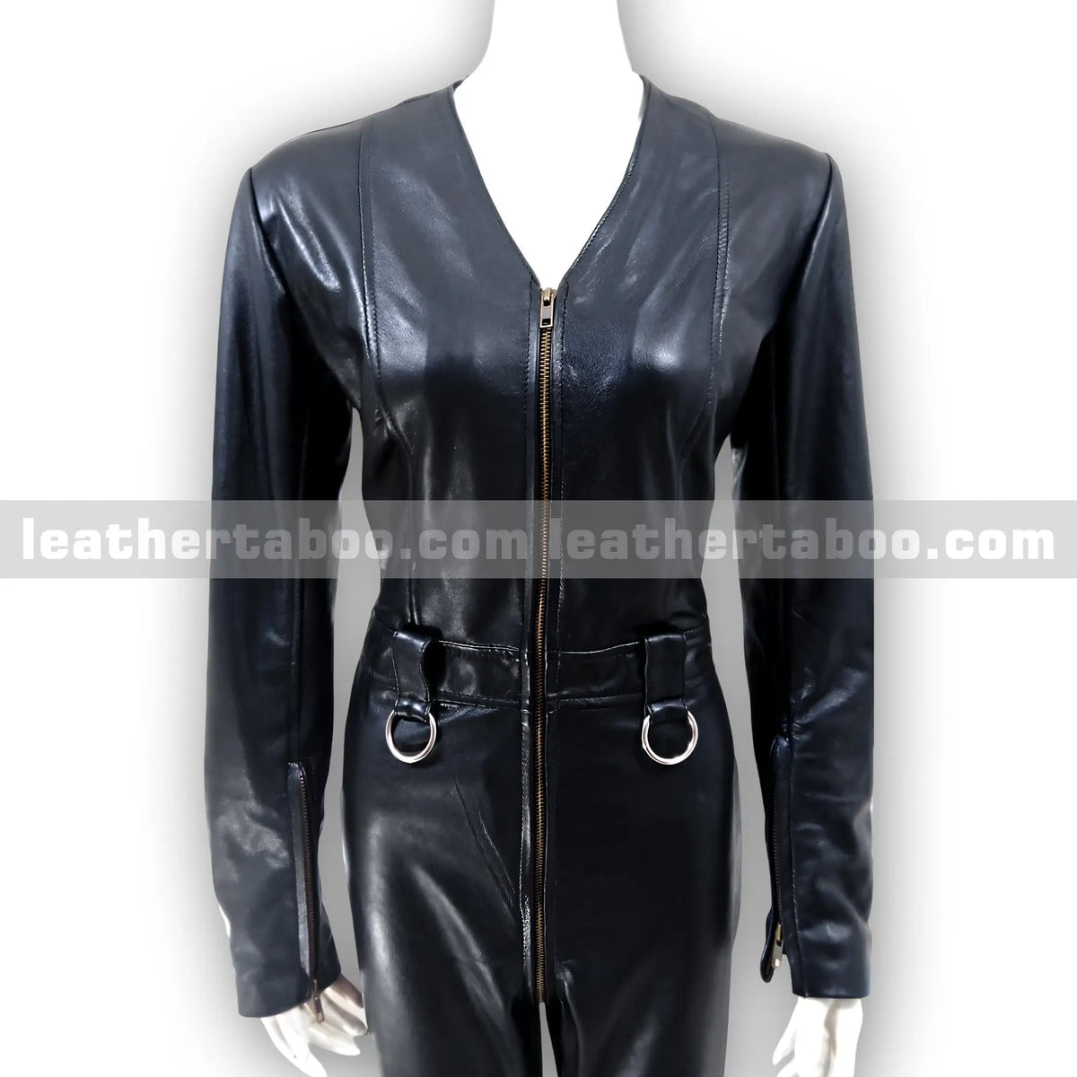 Women's Premium Sheepskin Leather Jumpsuit – Black Full-Body Zipper Suit with Ring Accents for Styling, Cosplay & Fashion Events - leather taboo