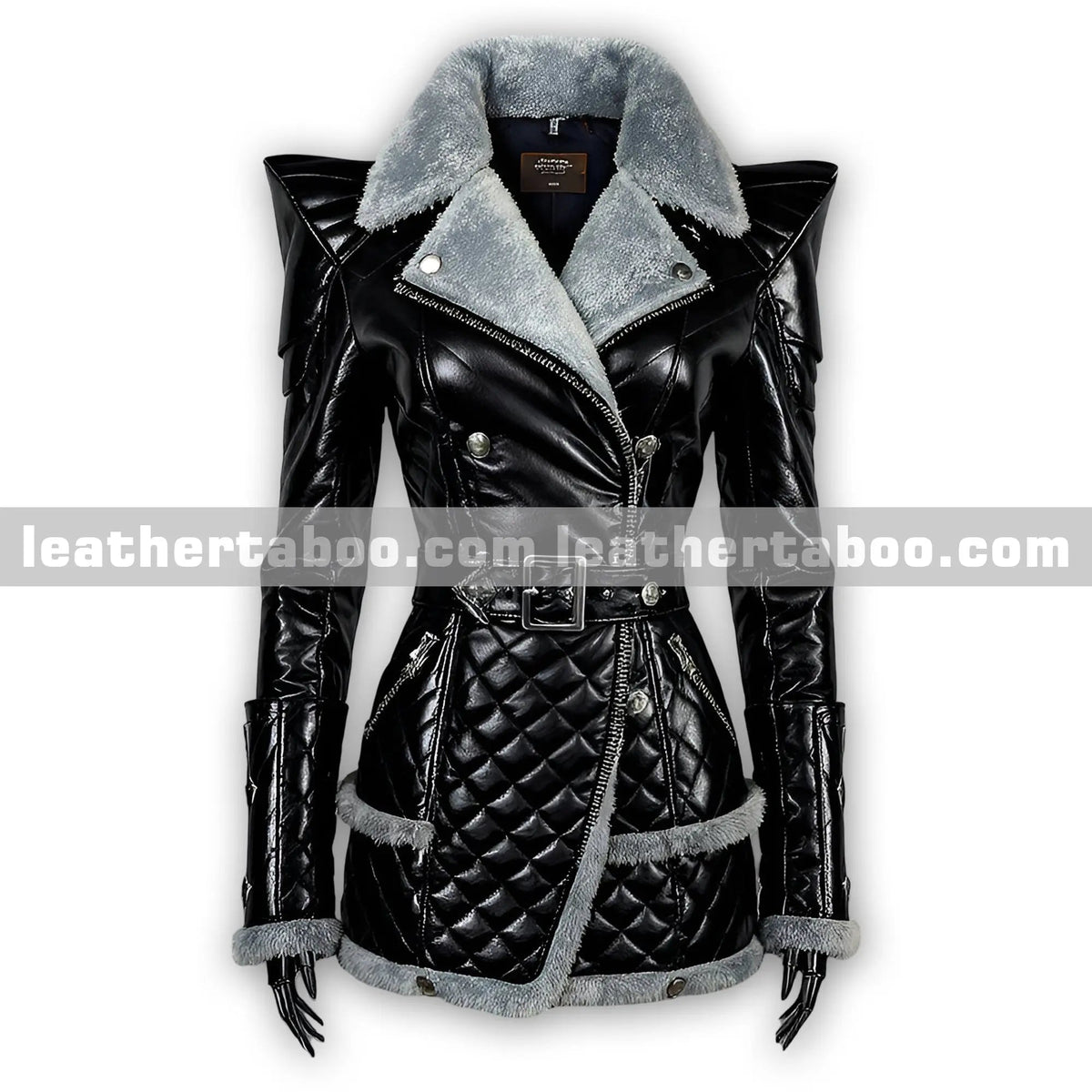 Premium Black Sheepskin Leather Winter Coat with Quilted Design, Soft Fur Trim, Belted Waist, and Front Zipper Closure - leather taboo