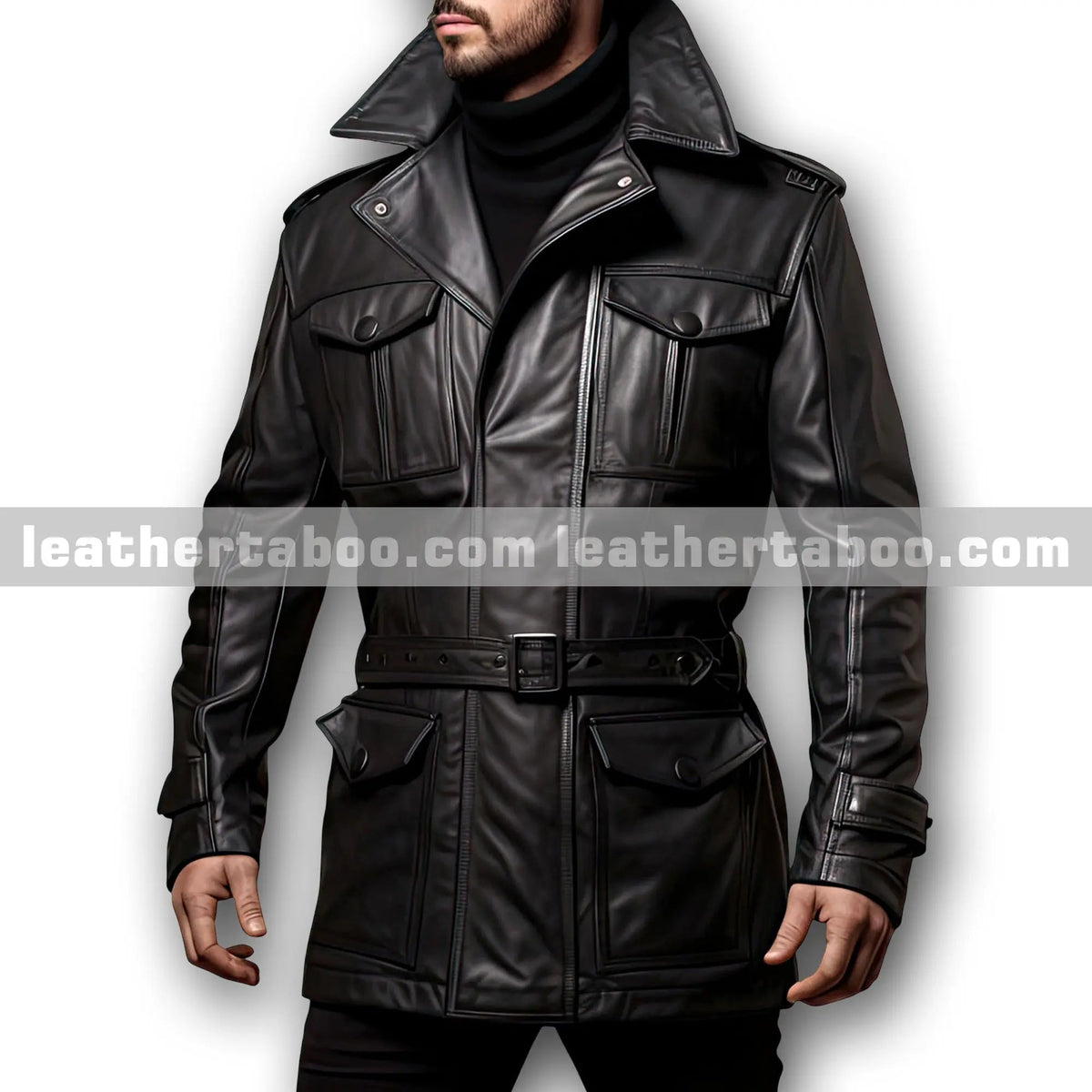 Men-s-Black-Genuine-Cowhide-Notched-Lapel-Collar-Fashionable-Formal-Outfit-Belted-Smooth-Zip-up-Mid-Length-Leather-Coat leather taboo