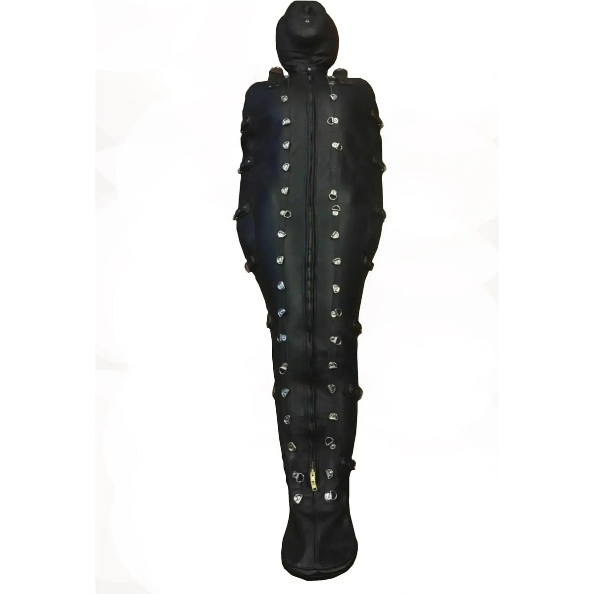 Handmade cowhide leather bondage bag (sleep sack) by Leather Taboo, full front view