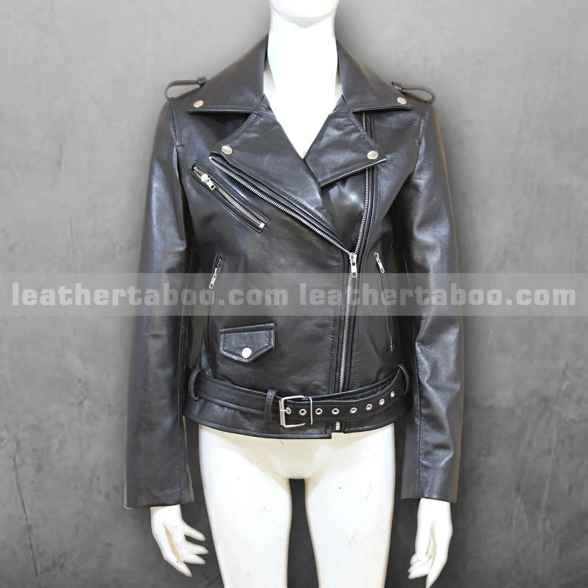 Women's Sheepskin Leather Biker Jacket with Belted Waist and Zipper Pockets, front view
