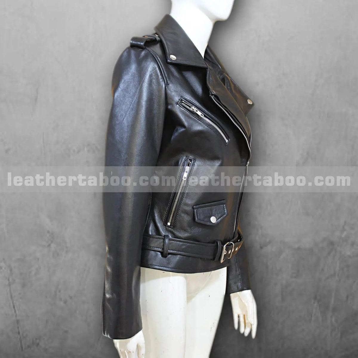 Women's Sheepskin Leather Biker Jacket with Belted Waist and Zipper Pockets, side view