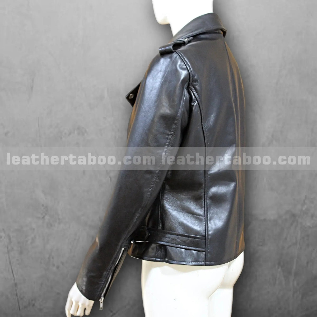 Women's Sheepskin Leather Biker Jacket with Belted Waist and Zipper Pockets, detail view 2