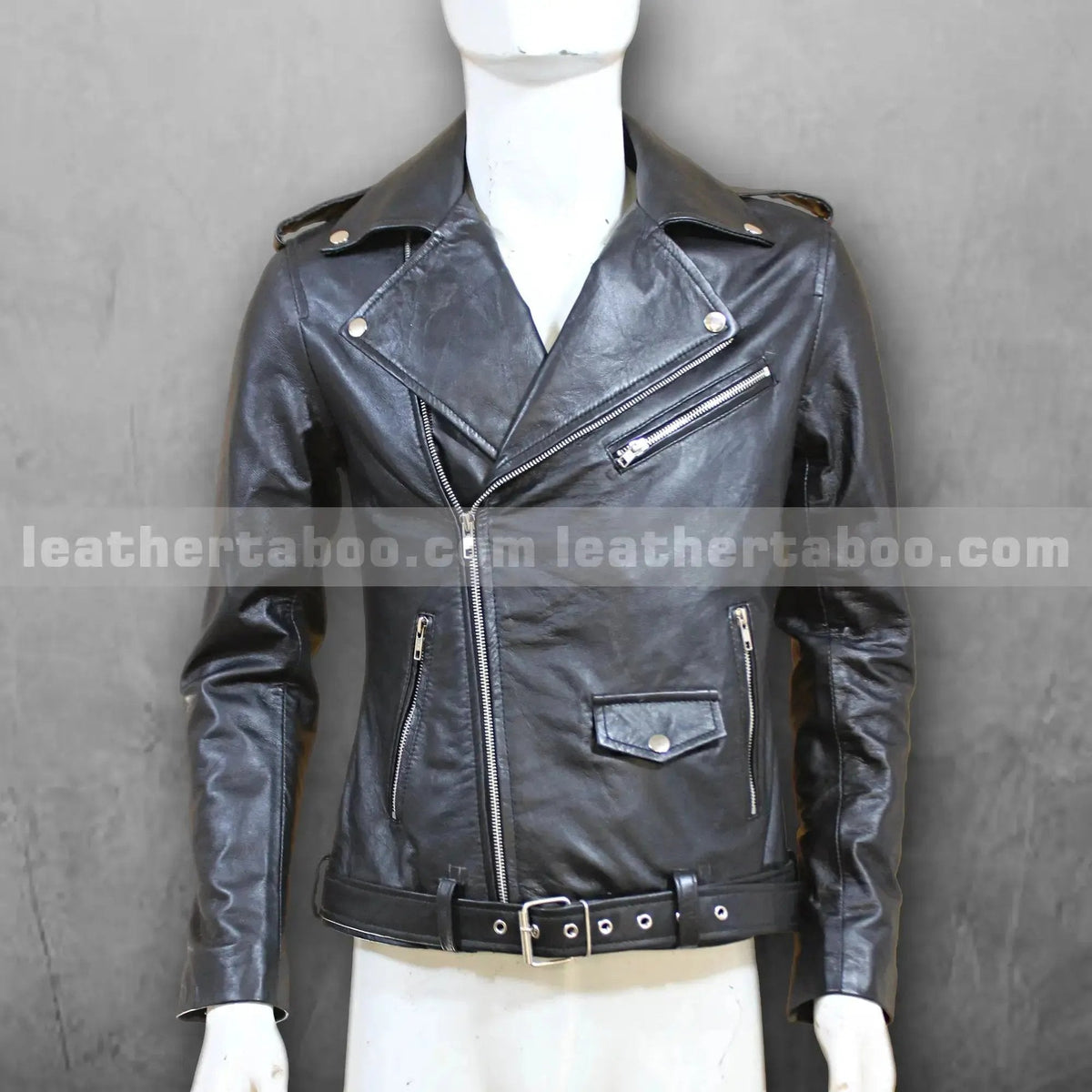 Men’s Black Motorcycle Style Leather Jacket | Premium Sheepskin | Classic Biker Look | Zipper & Belt Detailing - Leather taboo