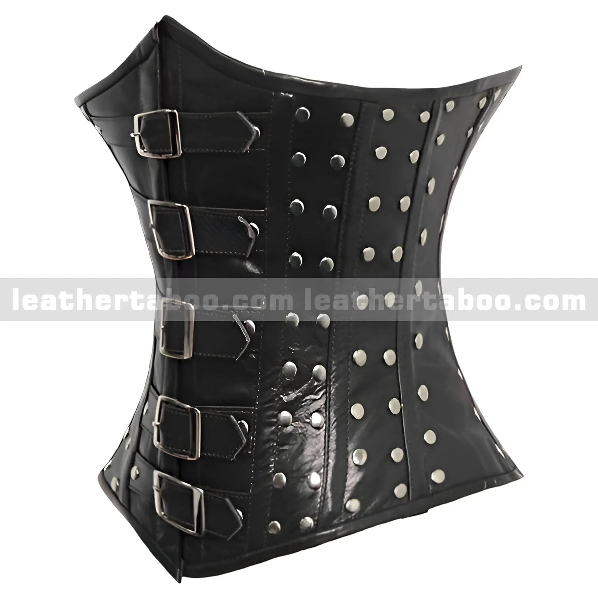 Black Buckle Underbust Sheepskin Leather Corset with Stud Accents for Women - Leather taboo