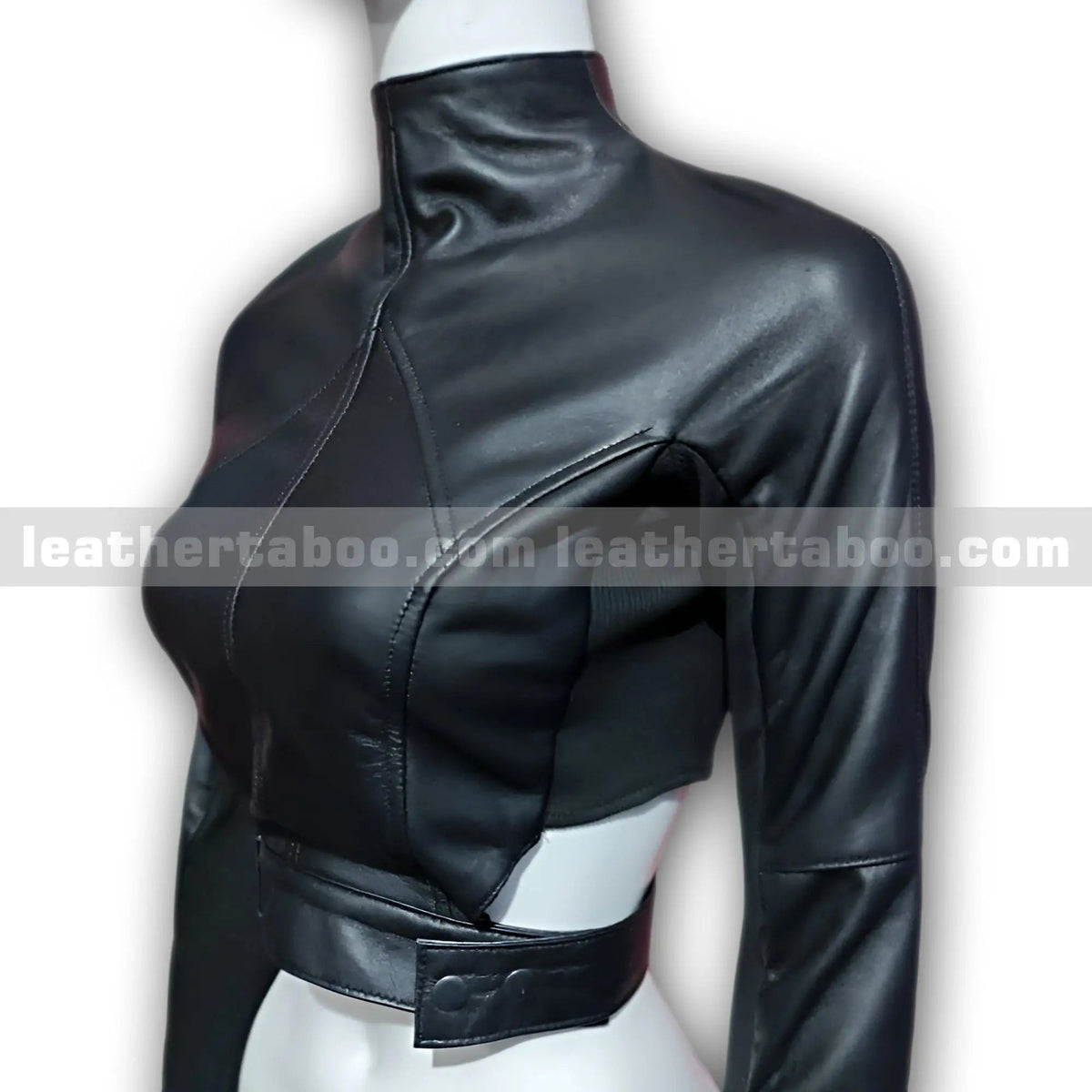 Women's Black Sheepskin Leather Cropped Jacket, back view 3