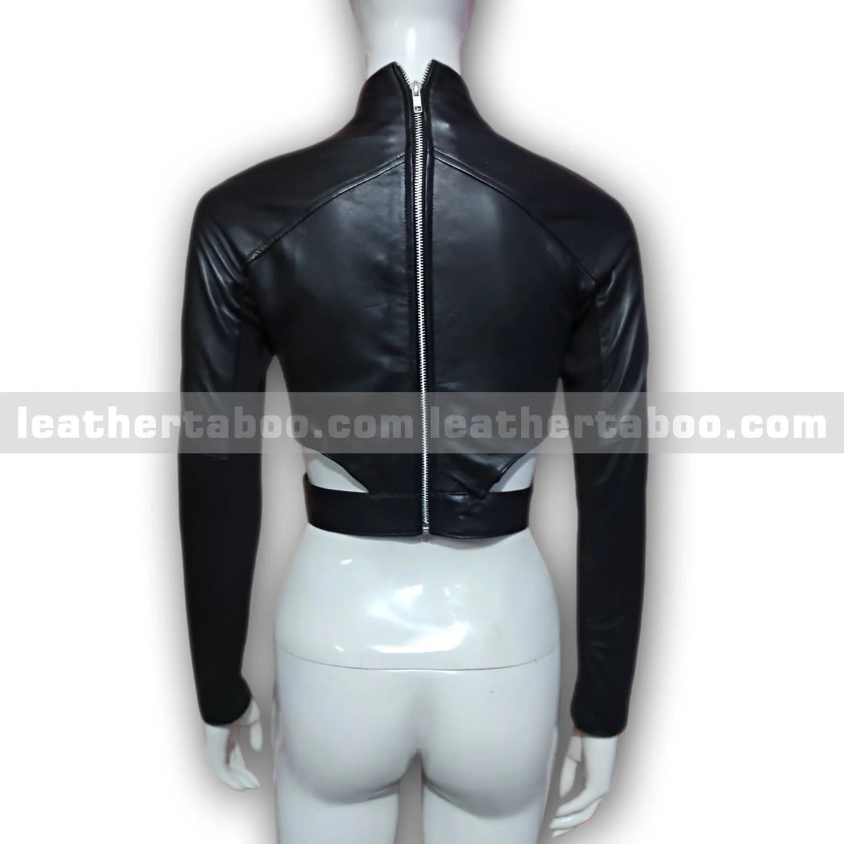 Women's Black Sheepskin Leather Cropped Jacket, back view 5