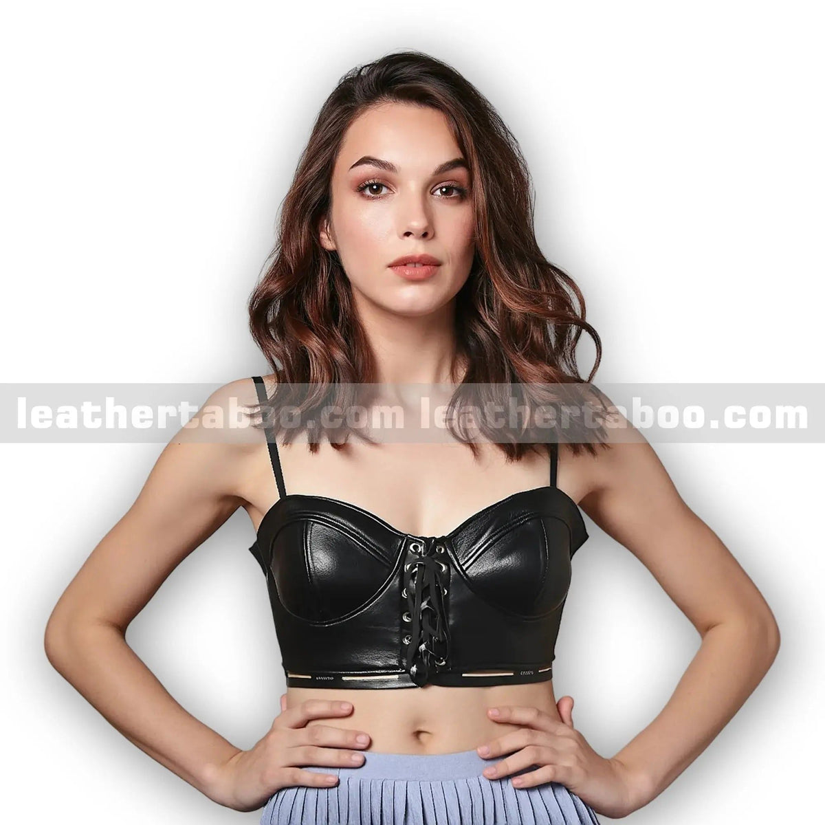 Black Sheepskin Leather Bustier Top with Lace-Up Front and Zipper Back – Adjustable Straps - Leather taboo