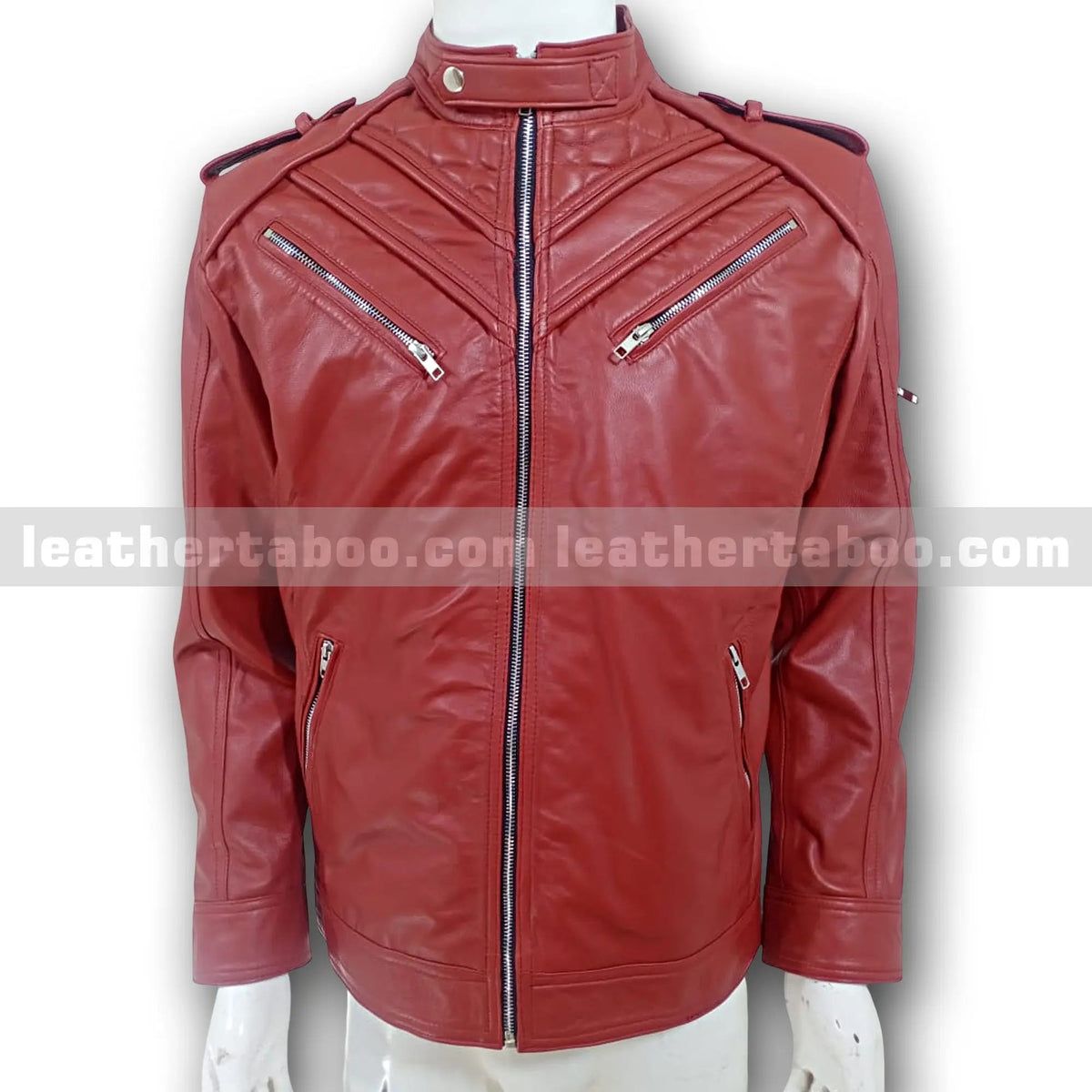 Men’s Premium Red Sheepskin Leather Jacket – Zipper Front Moto Style with Shoulder Detail - Leather taboo