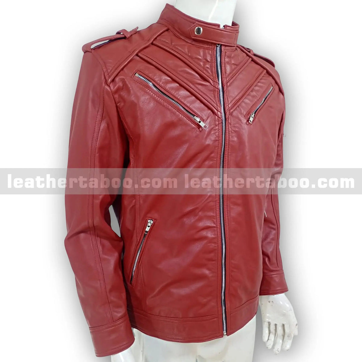 Men’s Premium Red Sheepskin Leather Jacket – Zipper Front Moto Style with Shoulder Detail - Leather taboo