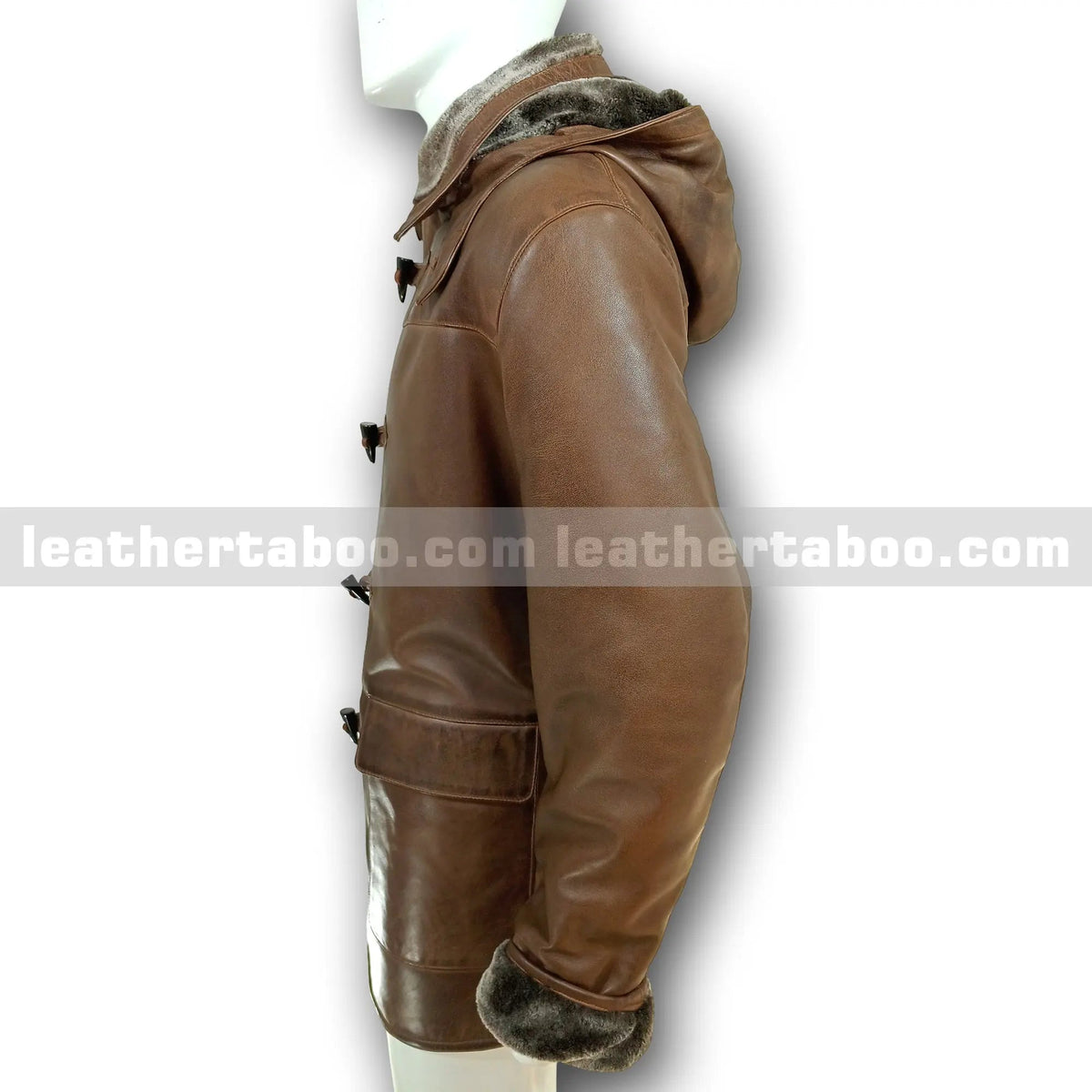 Men’s Premium Sheepskin Leather Coat with Faux Shearling Lined Detachable Hood – Winter Brown Toggle Jacket with Deep Pockets - Leather taboo
