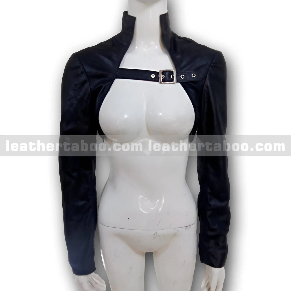 Women’s Premium Sheepskin Leather Bolero Shrug Jacket with High Collar and Front Buckle Strap, front view