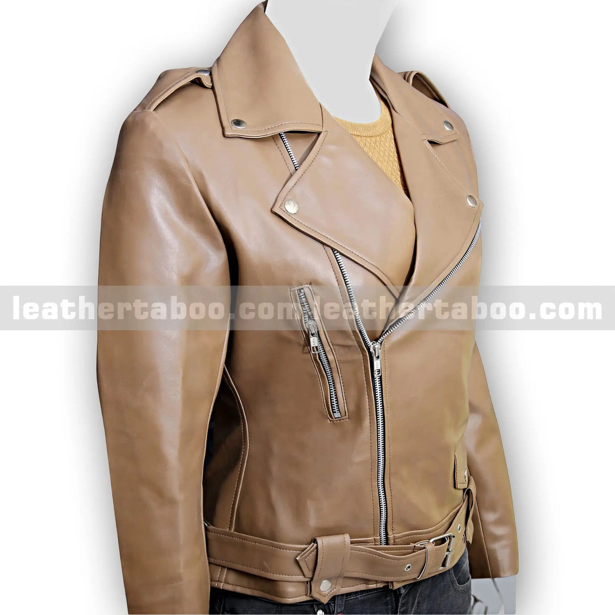 Women’s Camel Brown and Rich burgundy Sheepskin Leather Jacket, side view