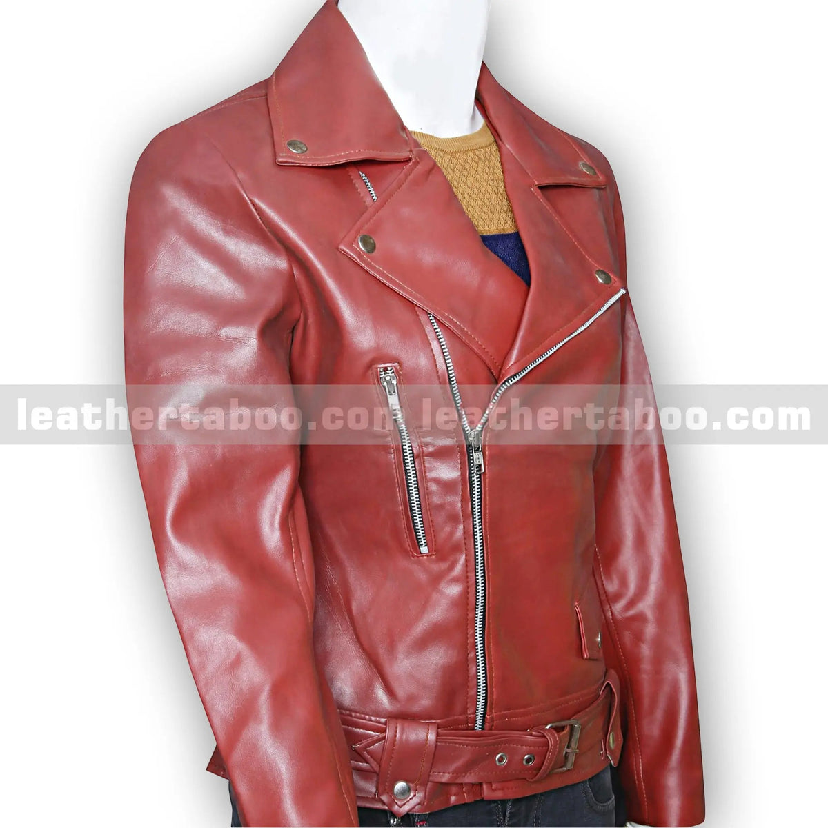 Women’s Camel Brown and Rich burgundy Sheepskin Leather Jacket, detail view 3