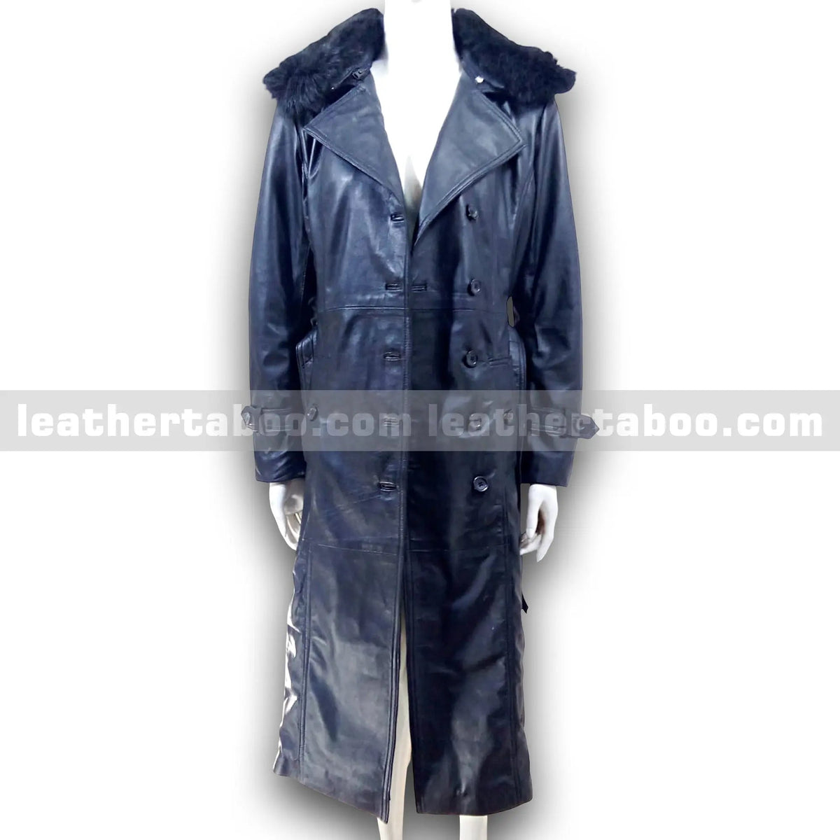 Women's Long Black Sheepskin Leather Trench Coat with Belt & Original Faux Fur Collar | Full-Length Winter Leather Outerwear - Leather taboo
