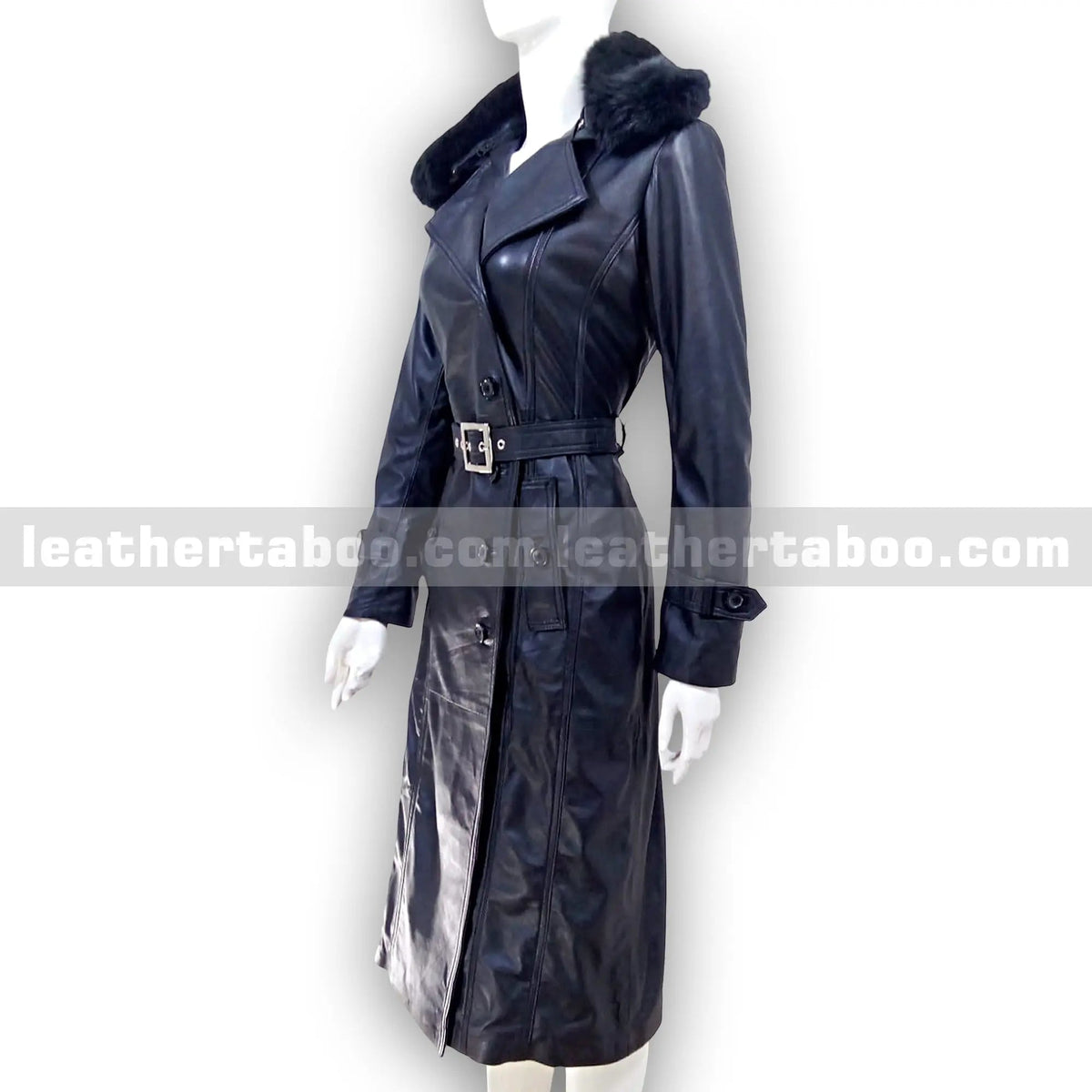 Women's Long Black Sheepskin Leather Trench Coat with Belt & Original Faux Fur Collar | Full-Length Winter Leather Outerwear - Leather taboo
