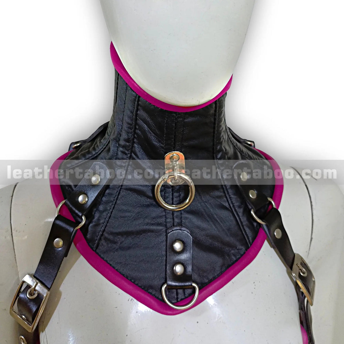 Women's Premium Sheepskin Leather Black Corset Bodysuit with Buckles and Hot Pink Trim – Edgy Streetwear-Inspired Design - Leather taboo