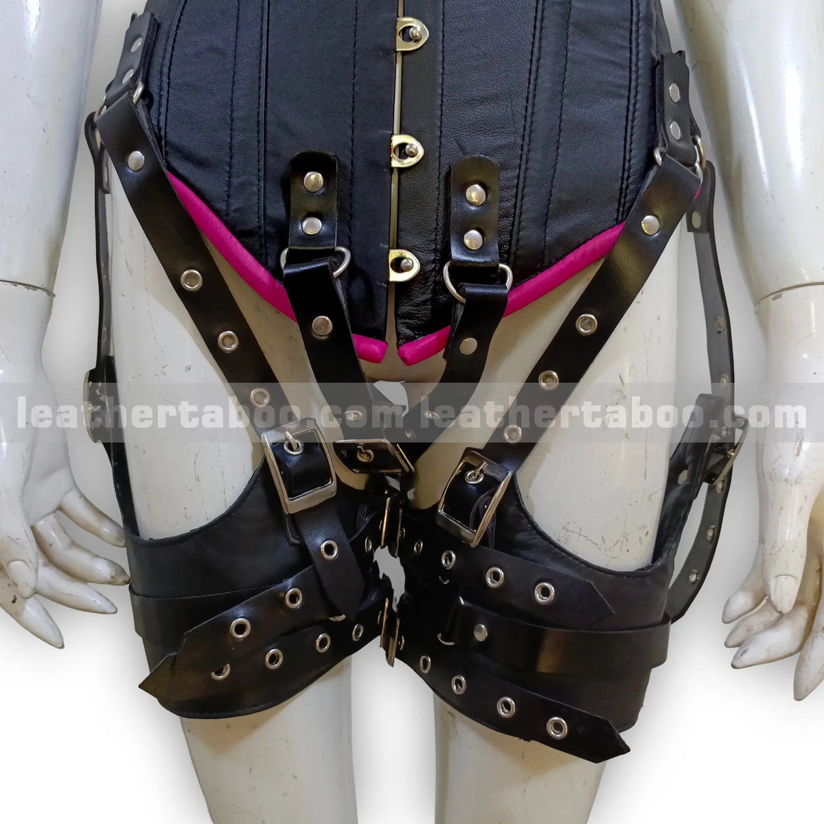 Women's Premium Sheepskin Leather Black Corset Bodysuit with Buckles and Hot Pink Trim – Edgy Streetwear-Inspired Design - Leather taboo