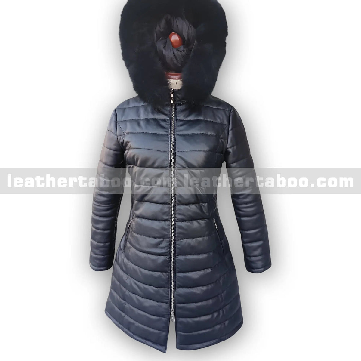 Women's Long Black Sheepskin Leather Coat with Faux Fur Hood, front view