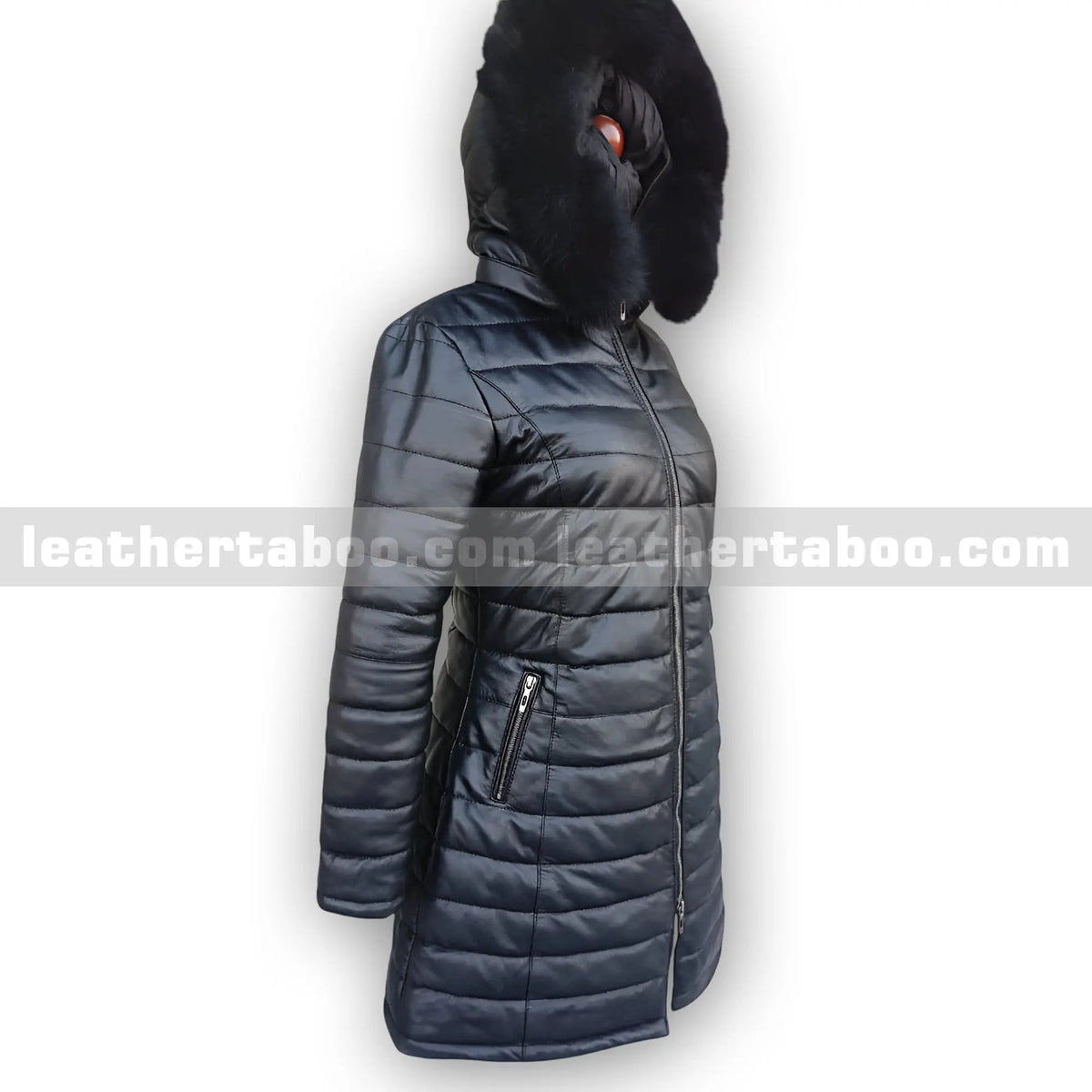 Women's Long Black Sheepskin Leather Coat with Faux Fur Hood, back view