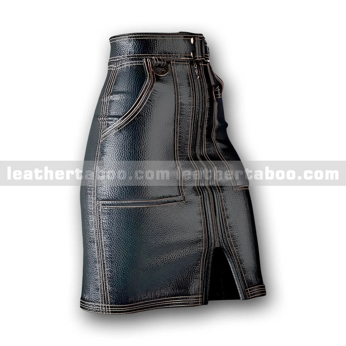 Women's Premium Cowhide Leather High-Waisted Skirt with Front Slit, Belted Waist & Contrast Stitching – Black Leather Skirt - Leather taboo