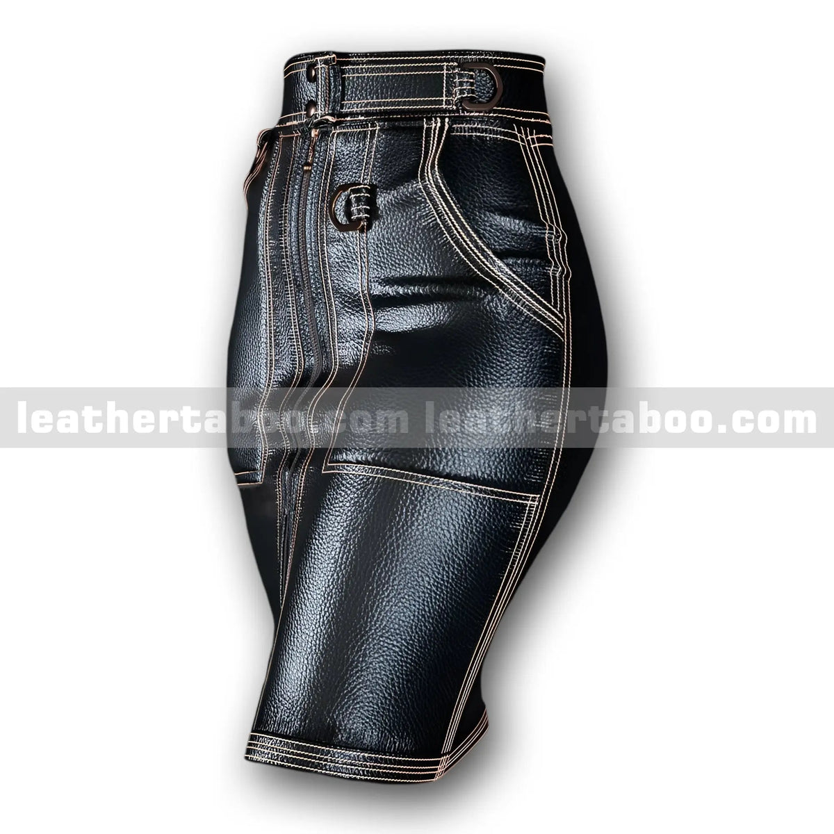Women's Premium Cowhide Leather High-Waisted Skirt with Front Slit, Belted Waist & Contrast Stitching – Black Leather Skirt - Leather taboo