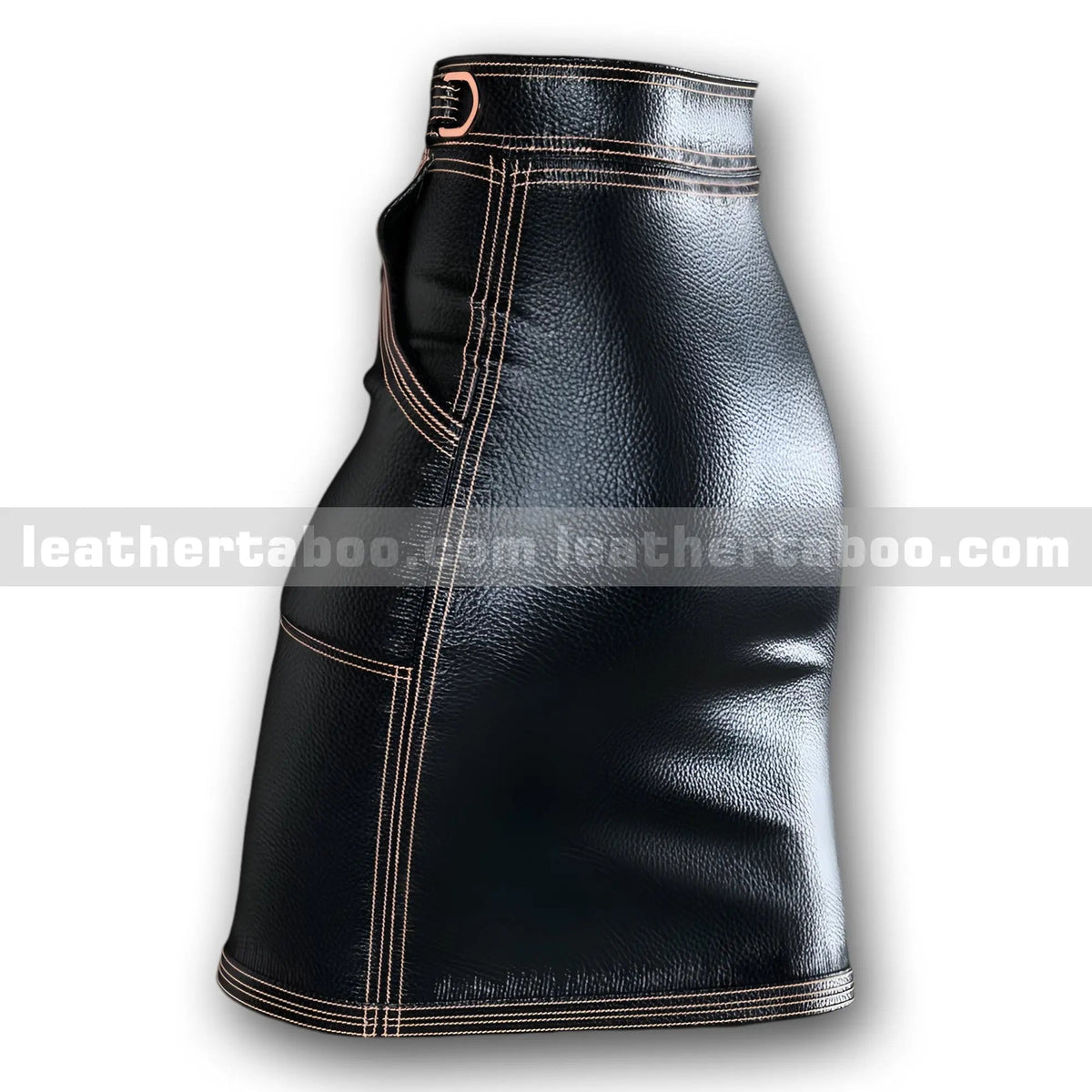 Women's Premium Cowhide Leather High-Waisted Skirt with Front Slit, Belted Waist & Contrast Stitching – Black Leather Skirt - Leather taboo