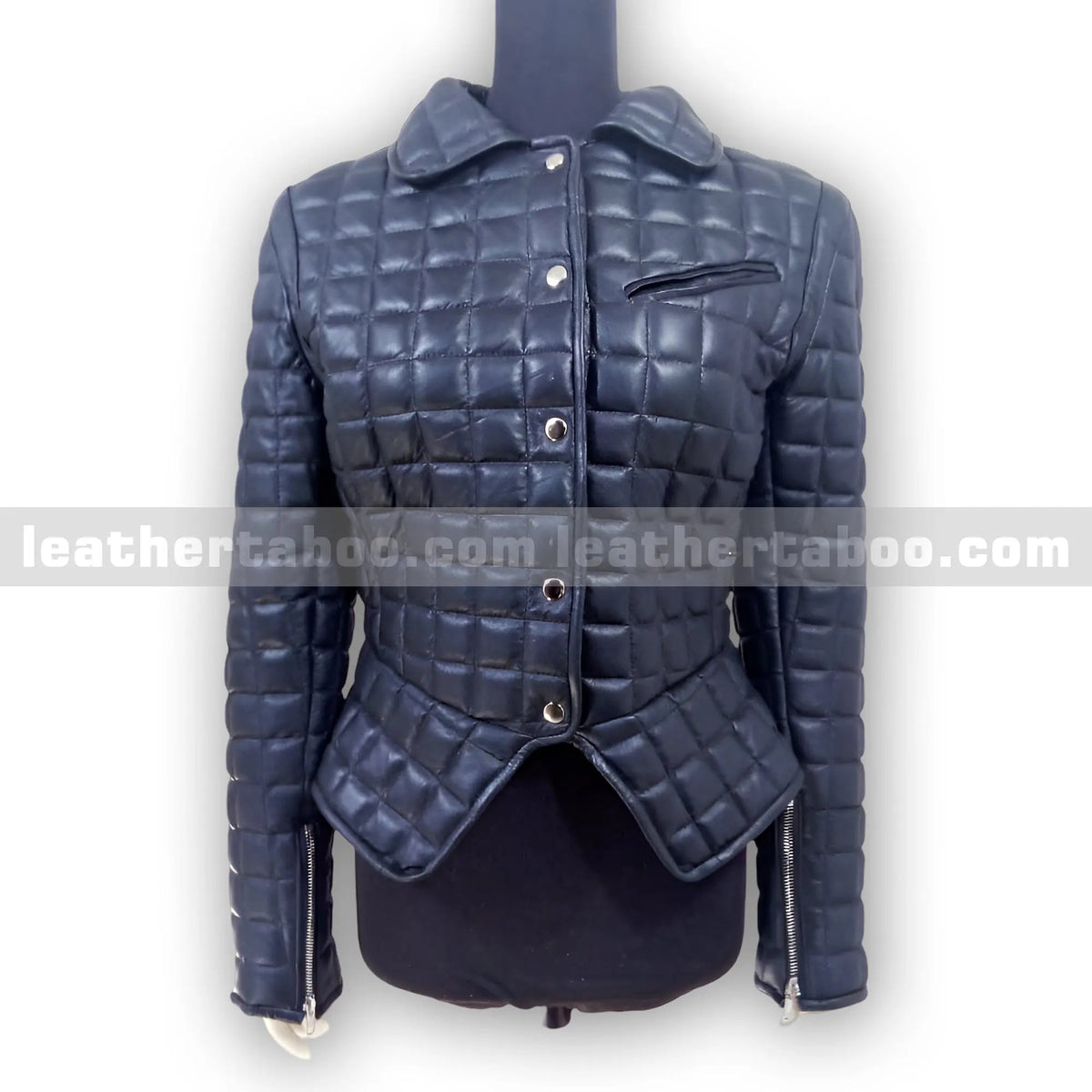 Women's Quilted Black Sheepskin Leather Jacket, front view