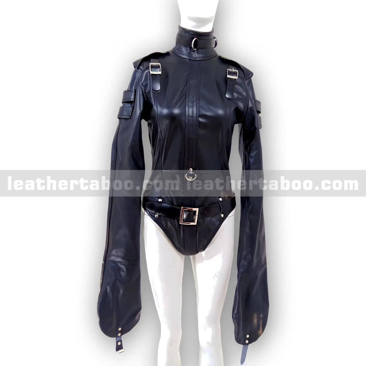 Women's Black Cowhide Leather Belted Bodysuit with Buckle Details – Long Sleeve High Neck Zipper Back Suit for Fashion Styling - Leather taboo