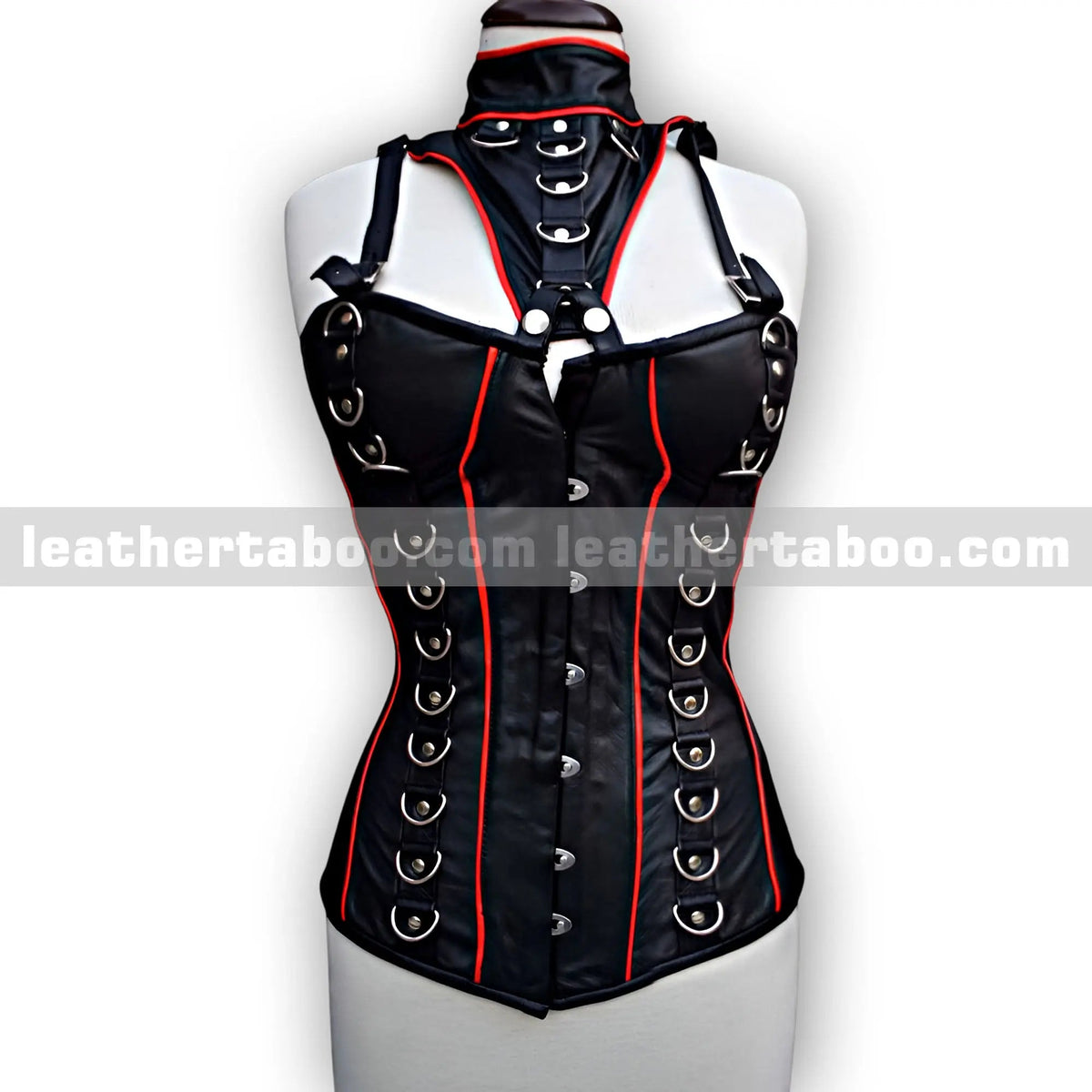 Women's Black Sheepskin Leather Corset Top with Red Trim and Buckle Details | Adjustable Lace Back | Premium Real Leather Wear - Leather taboo