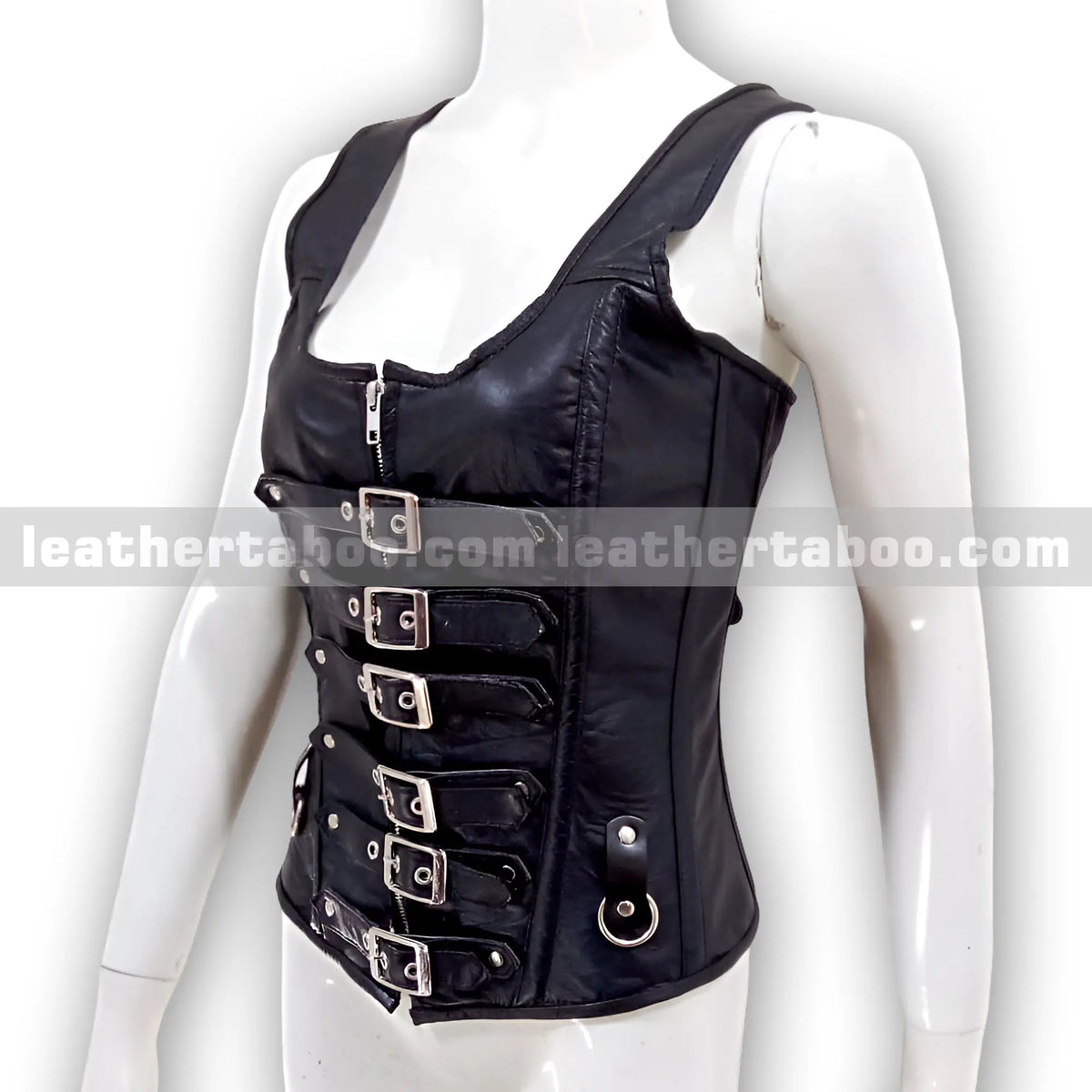 Women's Black Premium Sheepskin Leather Corset Top – Buckled Front with Zip & Adjustable Lace-Up Back for Events, Cosplay, Styling - Leather taboo