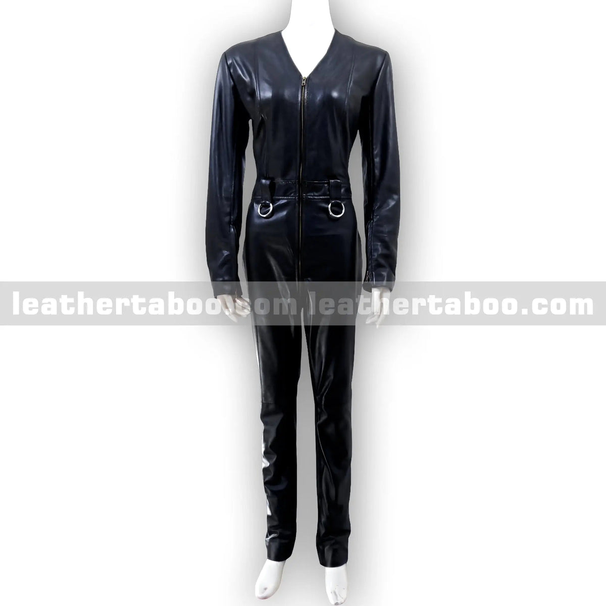Women's Premium Sheepskin Leather Jumpsuit – Black Full-Body Zipper Suit with Ring Accents for Styling, Cosplay & Fashion Events - Leather taboo