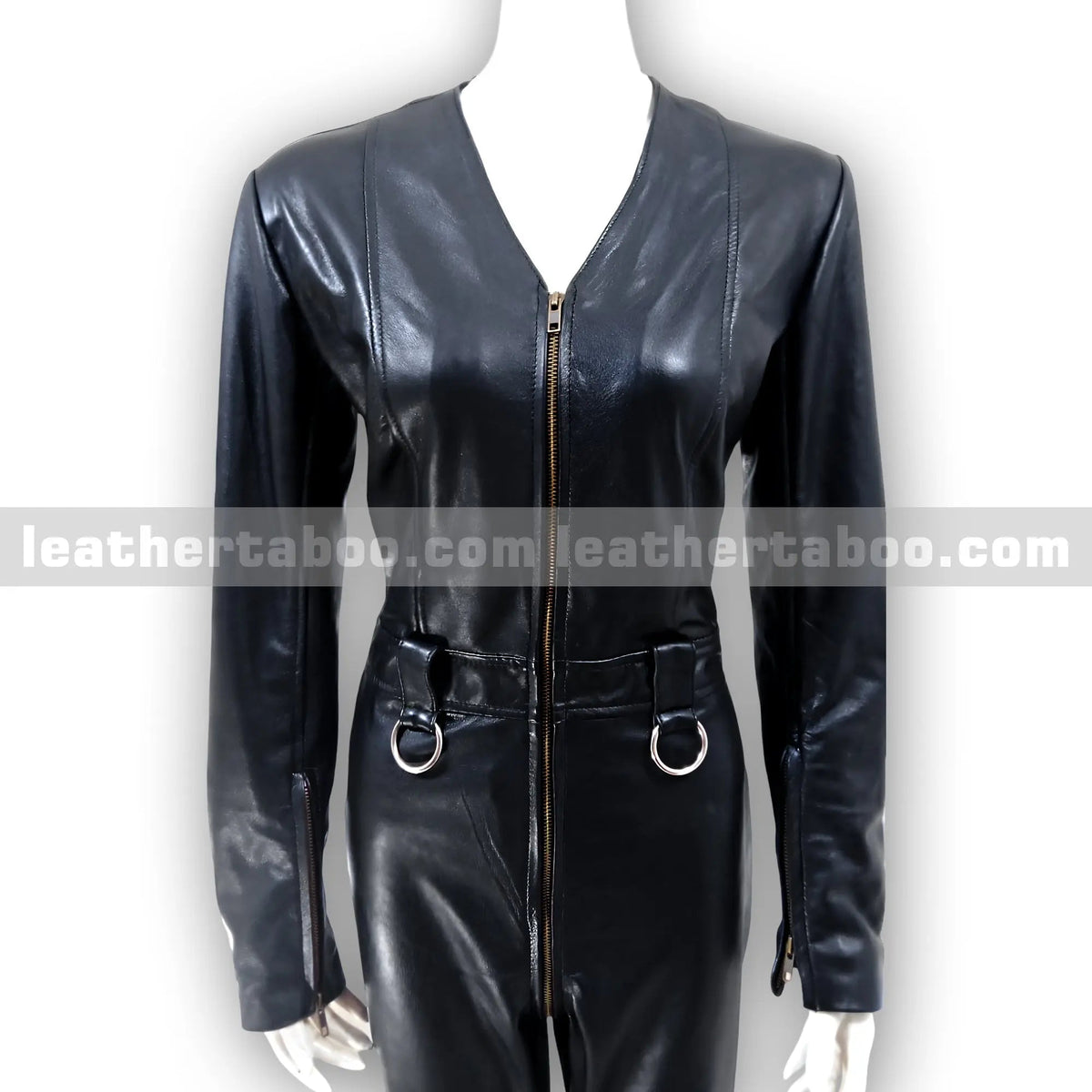Women's Premium Sheepskin Leather Jumpsuit – Black Full-Body Zipper Suit with Ring Accents for Styling, Cosplay & Fashion Events - Leather taboo