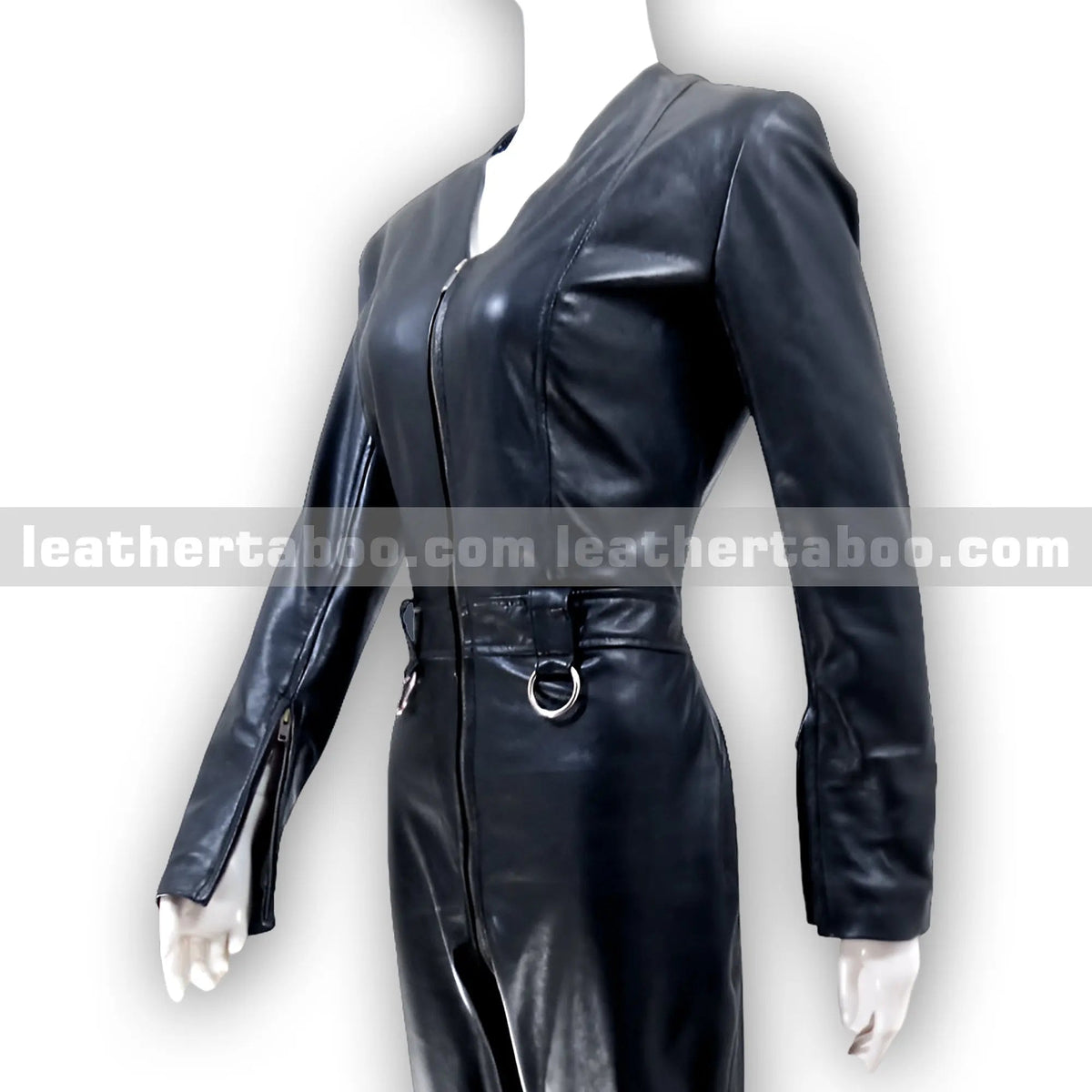 Women's Premium Sheepskin Leather Jumpsuit – Black Full-Body Zipper Suit with Ring Accents for Styling, Cosplay & Fashion Events - Leather taboo