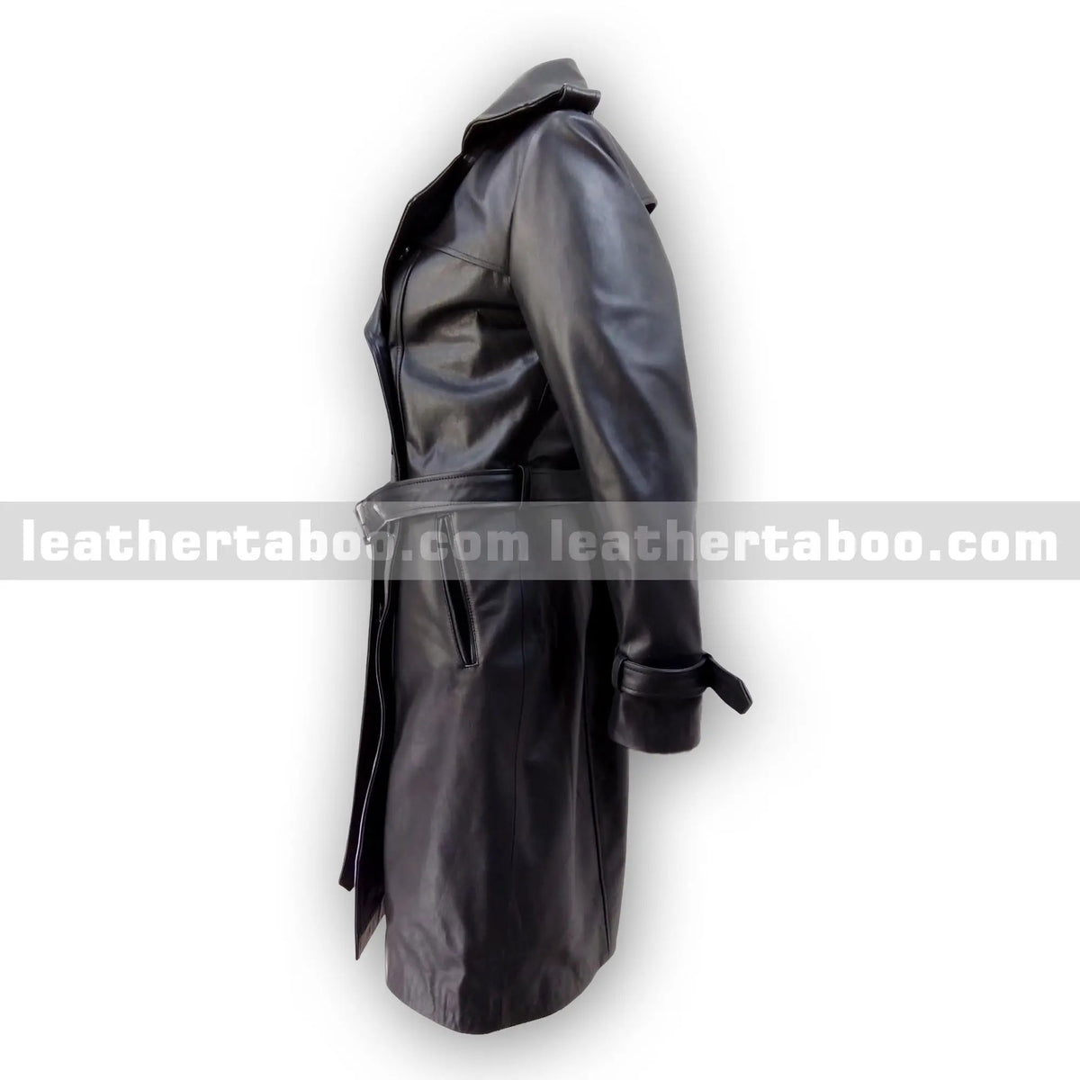 Women's Long Double-Breasted Black Sheepskin Leather Trench Coat with Belted Waist & Cuffs – Classic Slim Fit Overcoat Style - Leather taboo