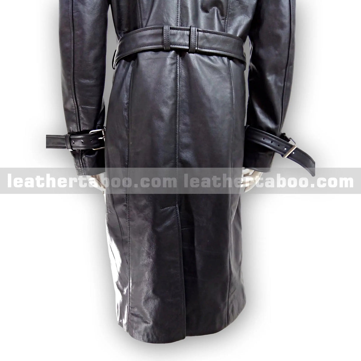 Women's Long Double-Breasted Black Sheepskin Leather Trench Coat with Belted Waist & Cuffs – Classic Slim Fit Overcoat Style - Leather taboo