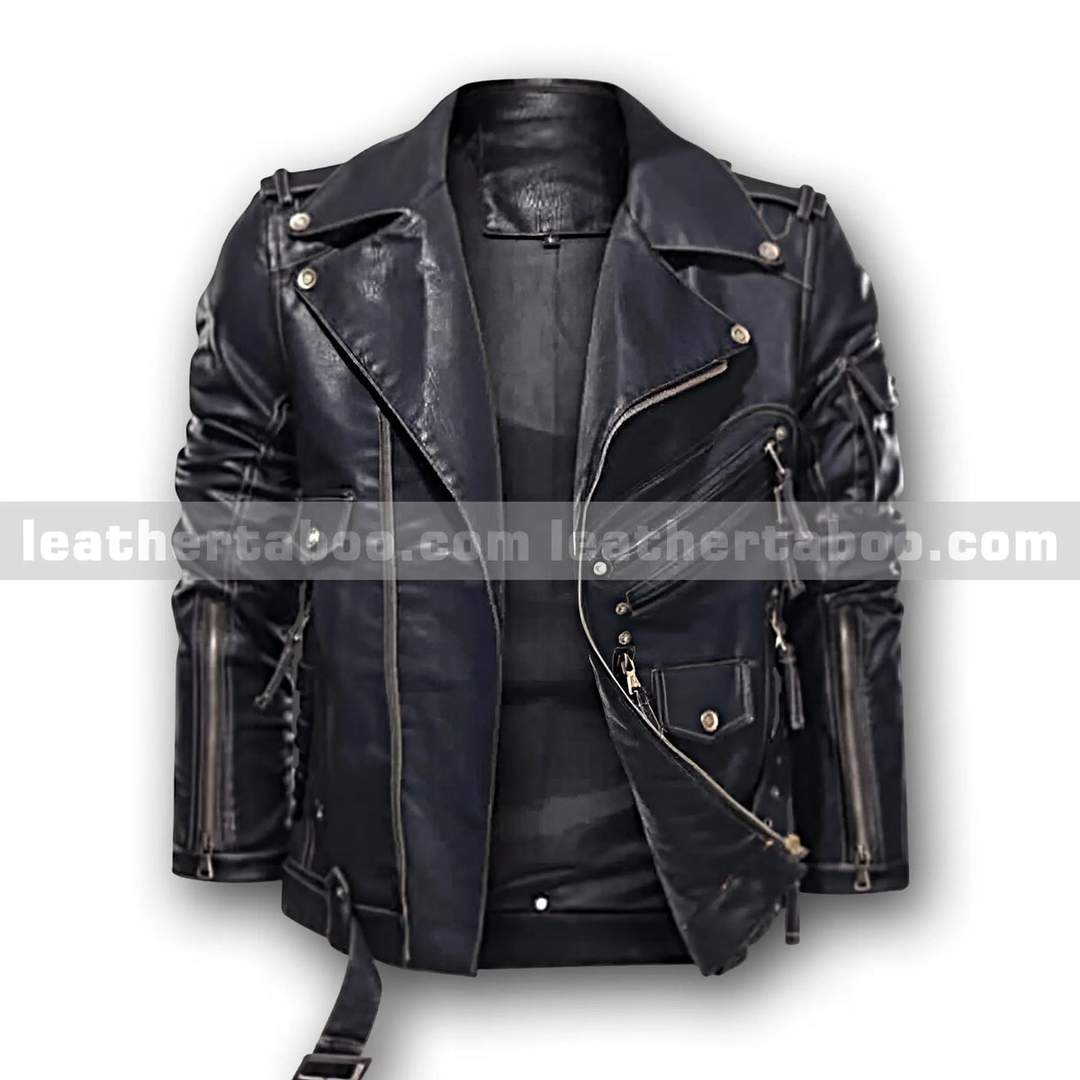 Men’s Black Premium Cowhide Leather Moto Jacket | Multi-Pocket Biker Jacket with Zipper Details & Adjustable Waist Belt - Leather taboo