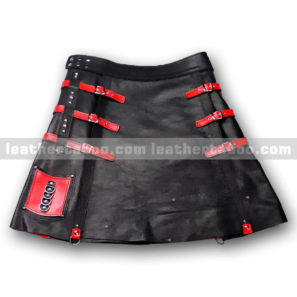 Unisex Premium Sheepskin Leather Black Skirt with Red Buckle Straps | Adjustable Waist Skirt for Fashion & Statement Wear - Leather taboo