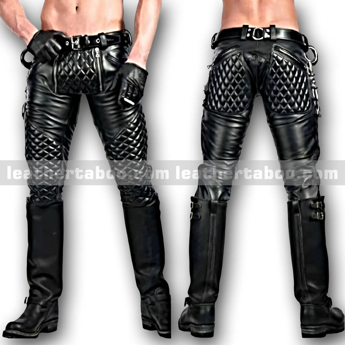 Men’s Premium Sheepskin Leather Pants with Quilted Panels & Belted Waist Stylish Leather Trousers for Unique Streetwear (boots not included) - Leather taboo