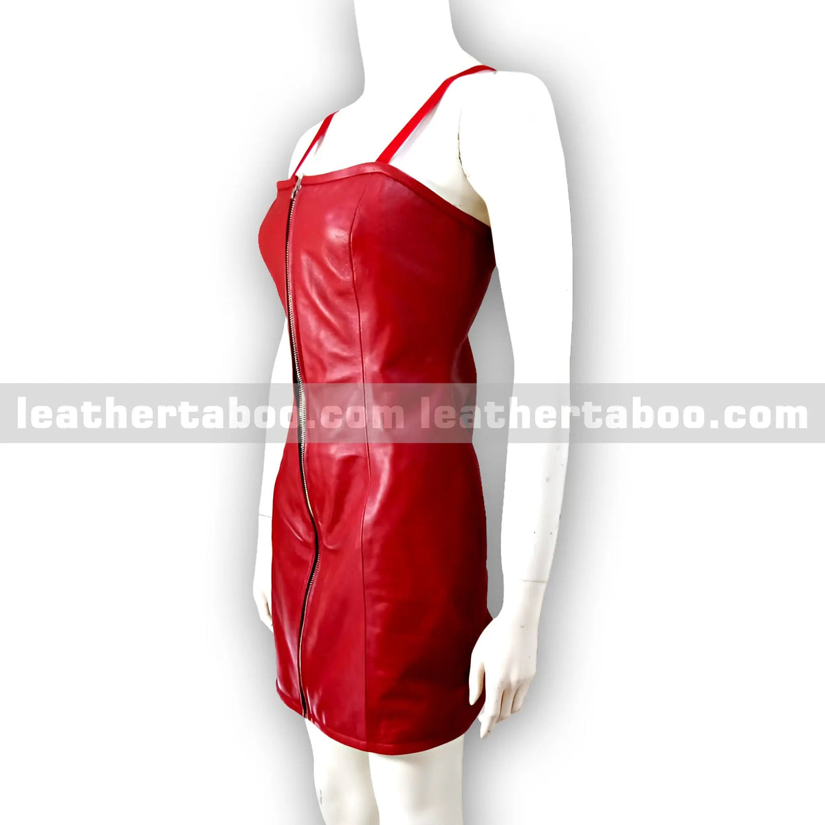 Women’s Red Sheepskin Leather Bodycon Dress with Adjustable Straps and Full Front Zipper – Elegant Fitted Party Outfit - Leather taboo