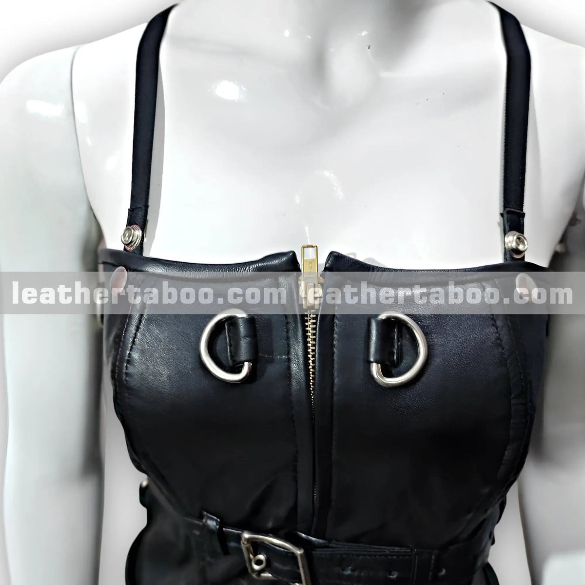 Women’s Premium Sheepskin Leather Buckled Dress with Front Zipper, Lace-Up Back, and Adjustable Fit – Bold Bodycon Style - Leather taboo