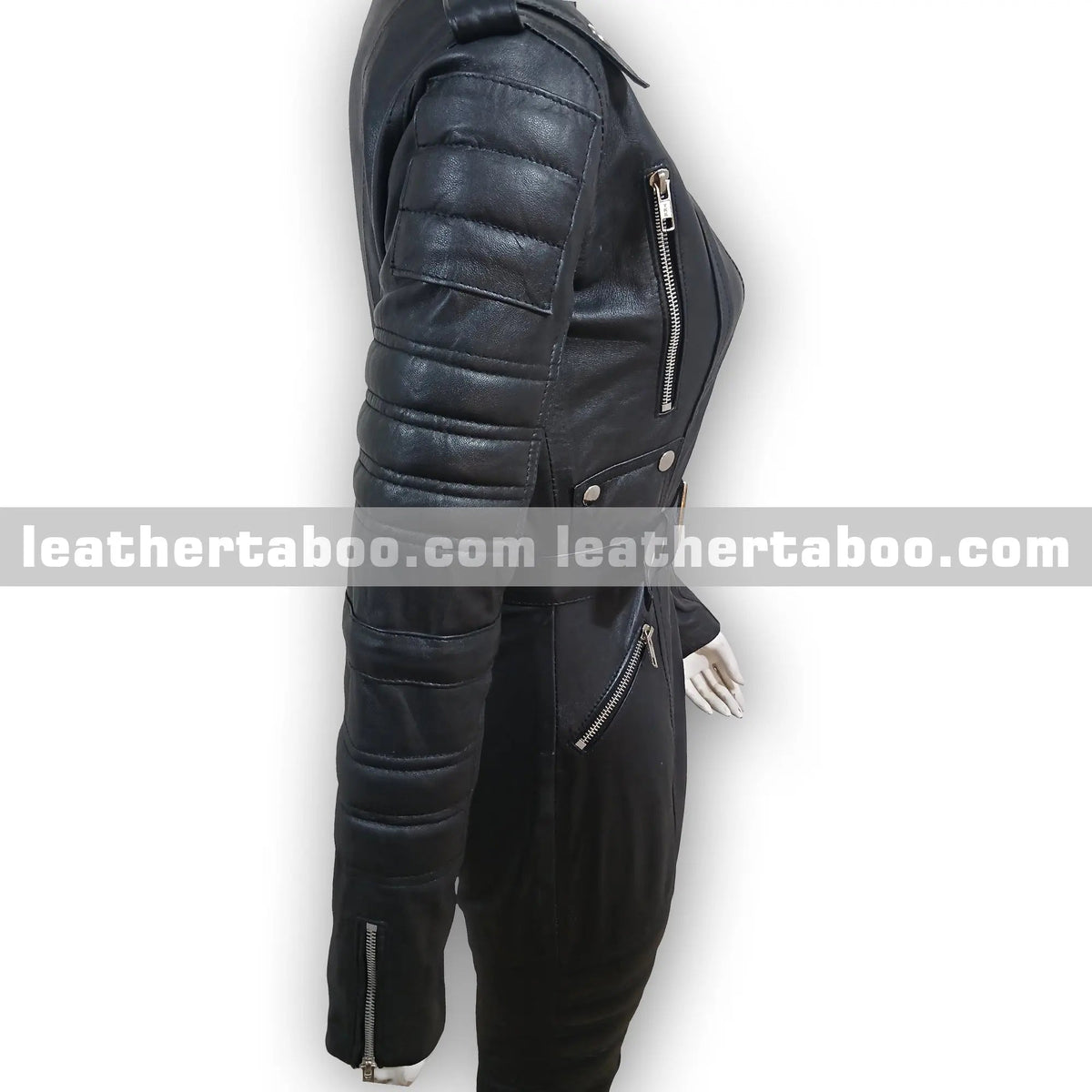 Women’s Black Sheepskin Leather Jumpsuit with Belt, Quilted Sleeves, Zipper Pockets, Shoulder Epaulets, Slim Fit Full Body Suit | Mature - Leather taboo