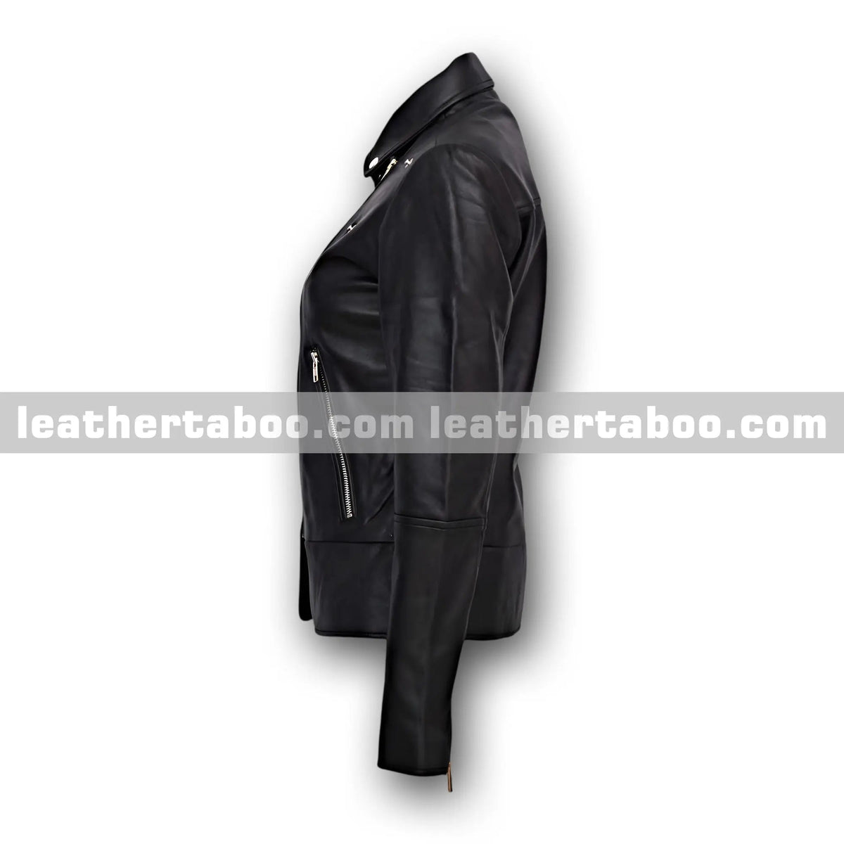 Women’s Black Sheepskin Leather Biker Jacket, zipper detail 2