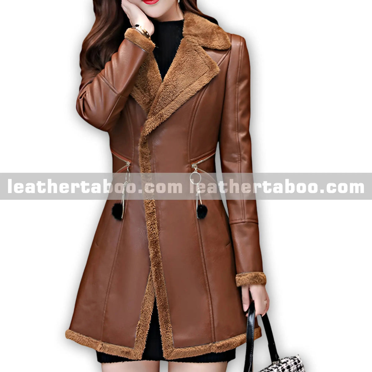 Women’s Brown Sheepskin Leather Coat – Lapel Collar Sherpa Shearling Faux Fur Lined Warm Classic Trench Style Jacket - Leather taboo