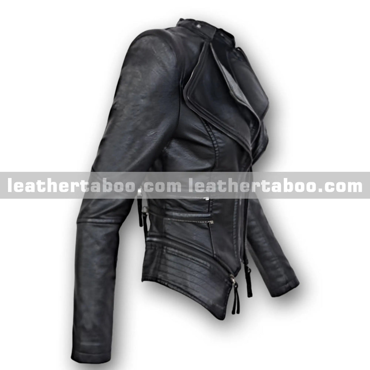 Women's Premium Black Sheepskin Leather Slim Fit Moto Style Jacket Zip Up Outerwear, detail view 2